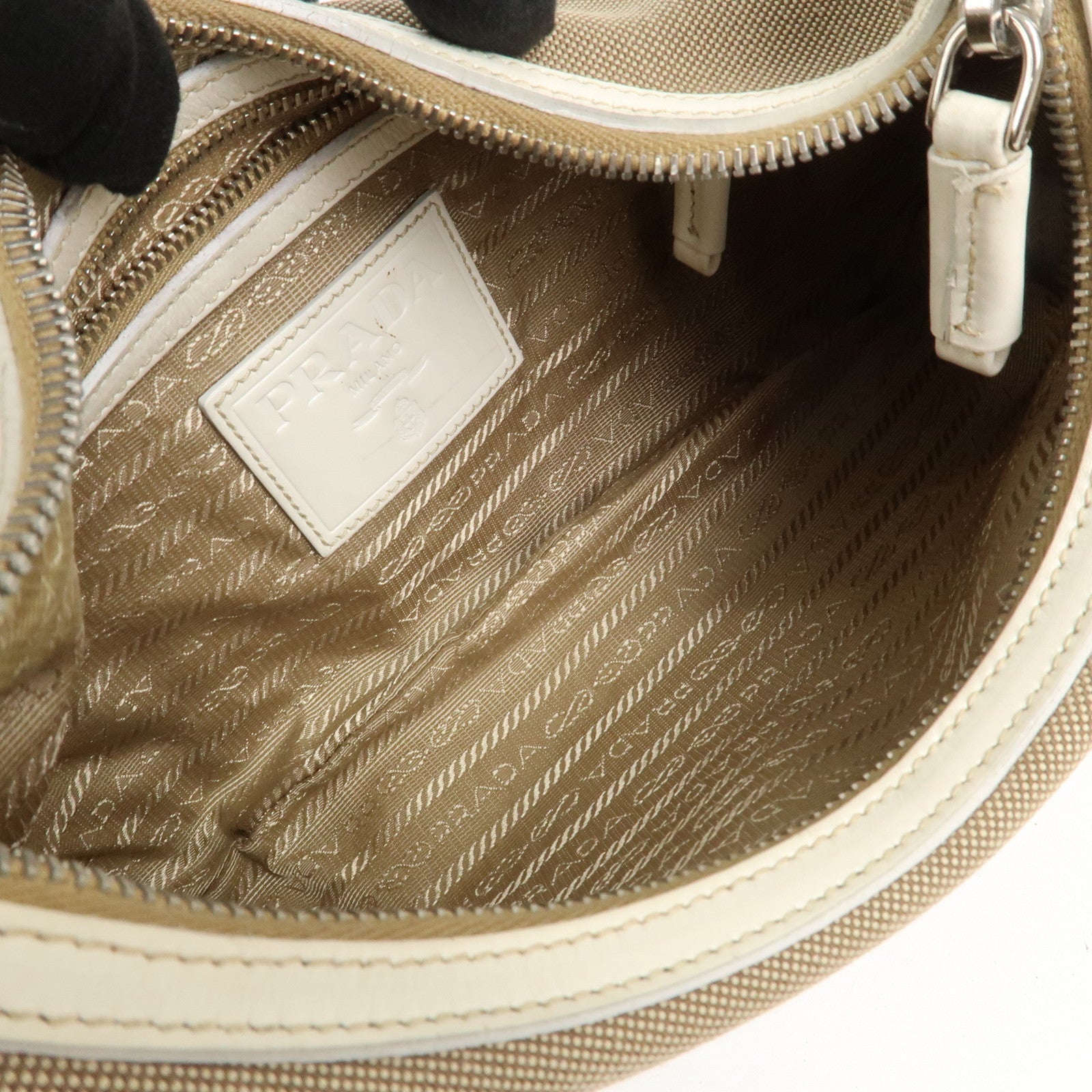 PRADA Logo Canvas Leather Shoulder Bag Hand Bag Beige White BR3429