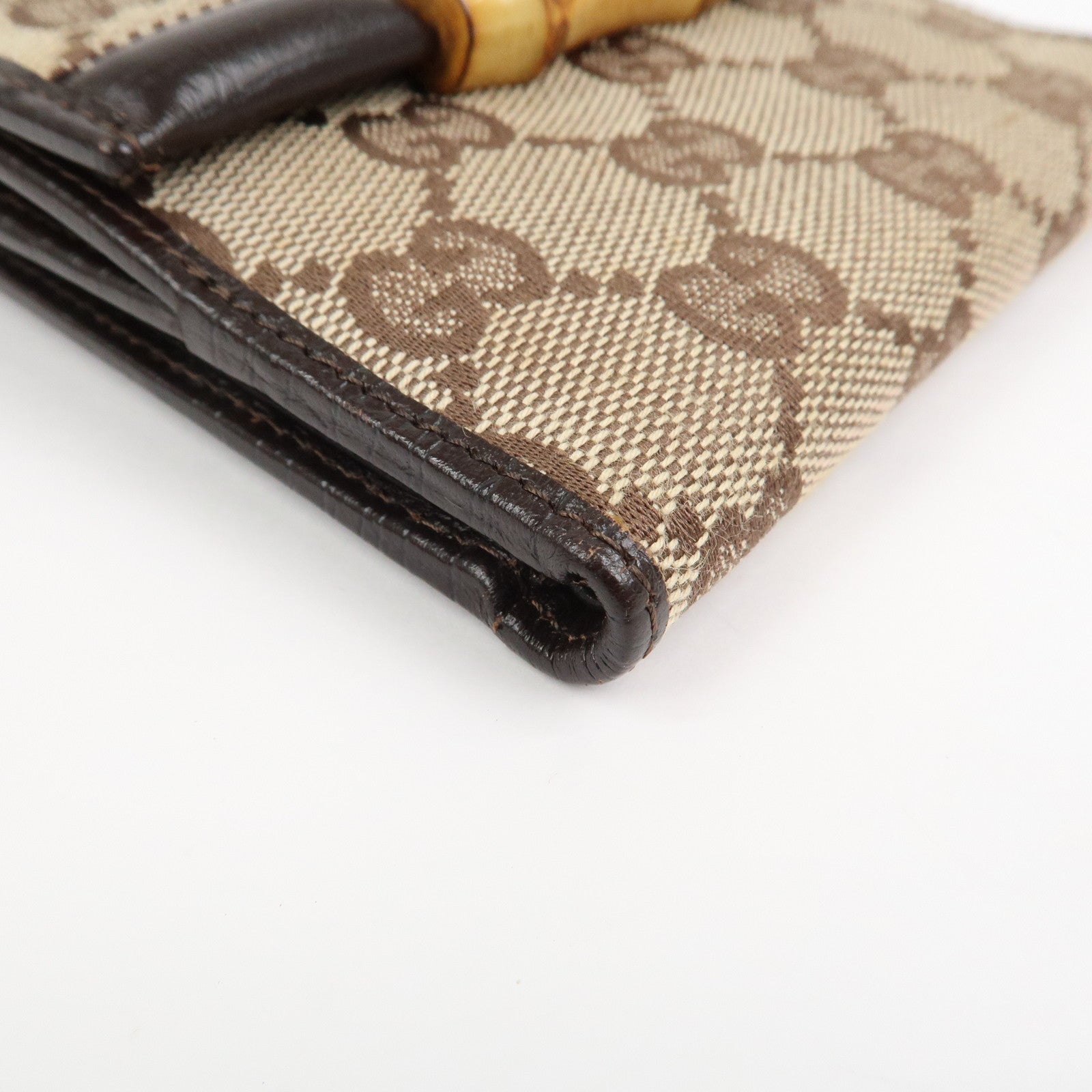 GUCCI Bamboo GG Canvas Leather W Hook Compact Wallet Beige 112521