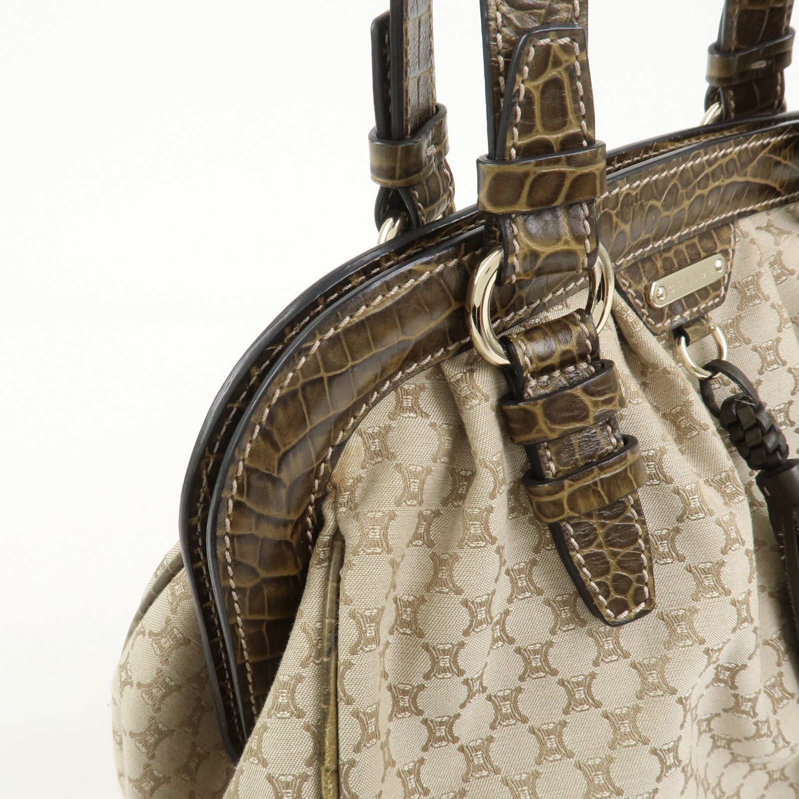 CELINE Macadam Canvas Leather Shoulder Bag Hand Bag Beige
