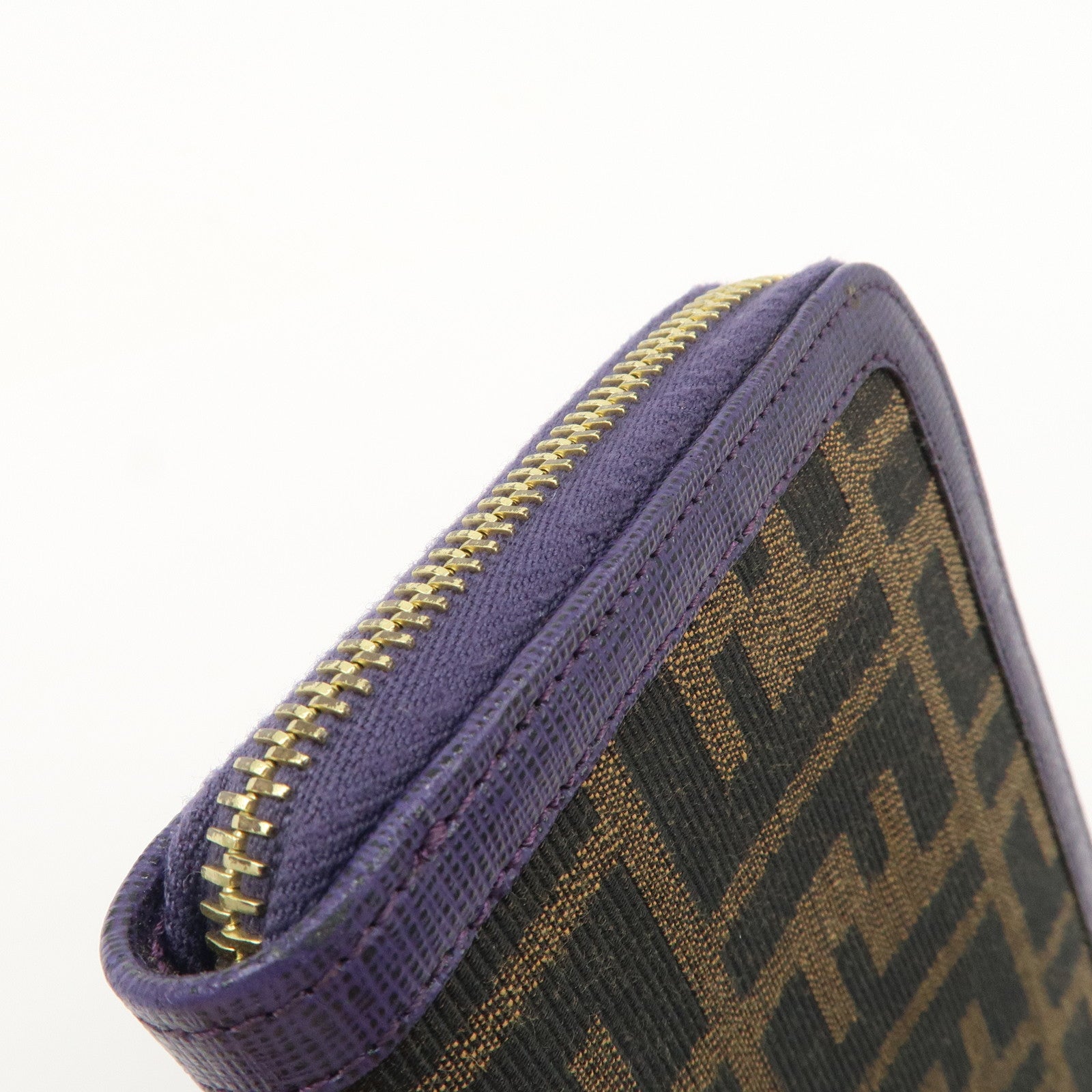 FENDI Zucchino Canvas Leather Round Zippy Long Wallet Brown Purple 8M0024 Used