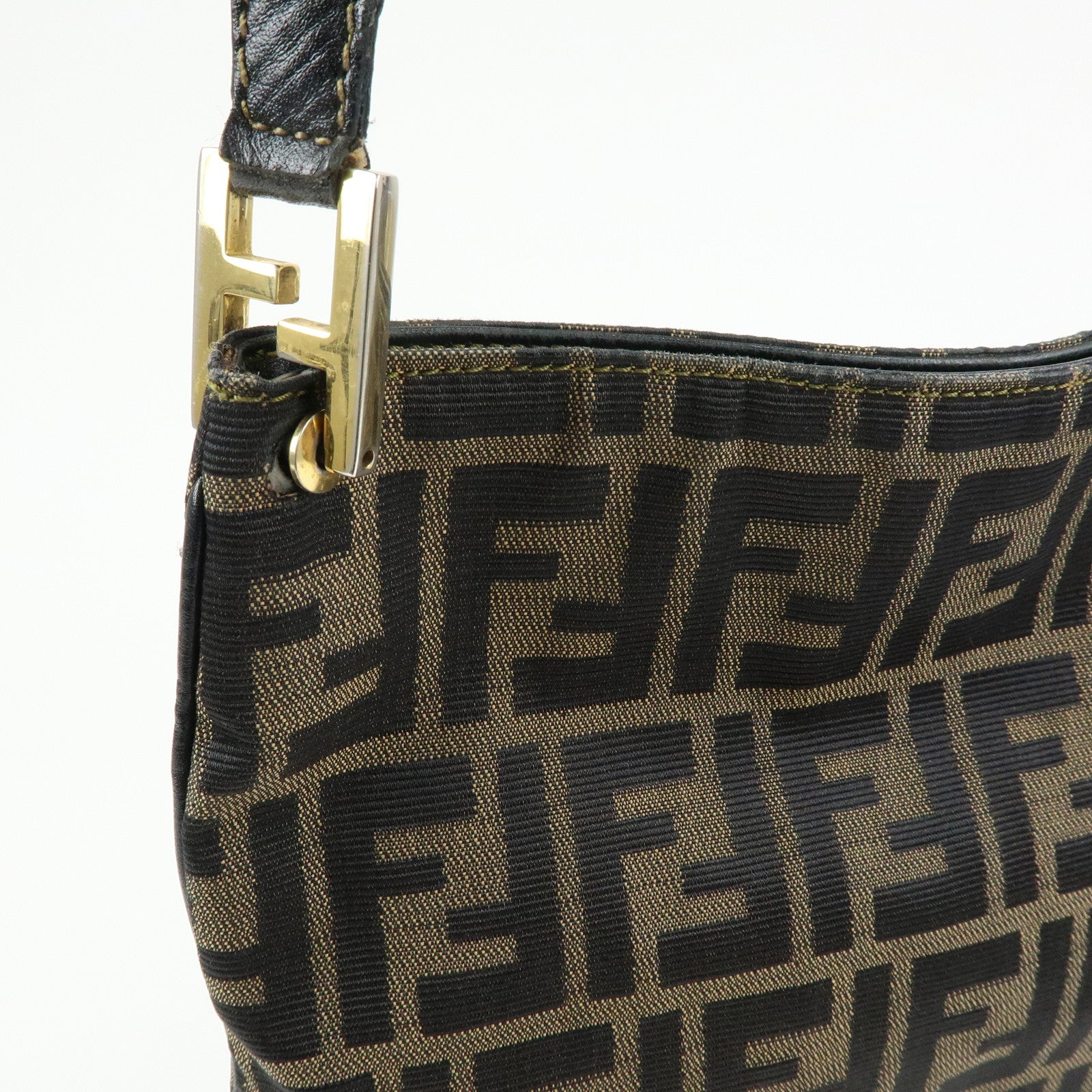 FENDI Zucca Canvas Leather Shoulder Bag Hand Bag Black Brown