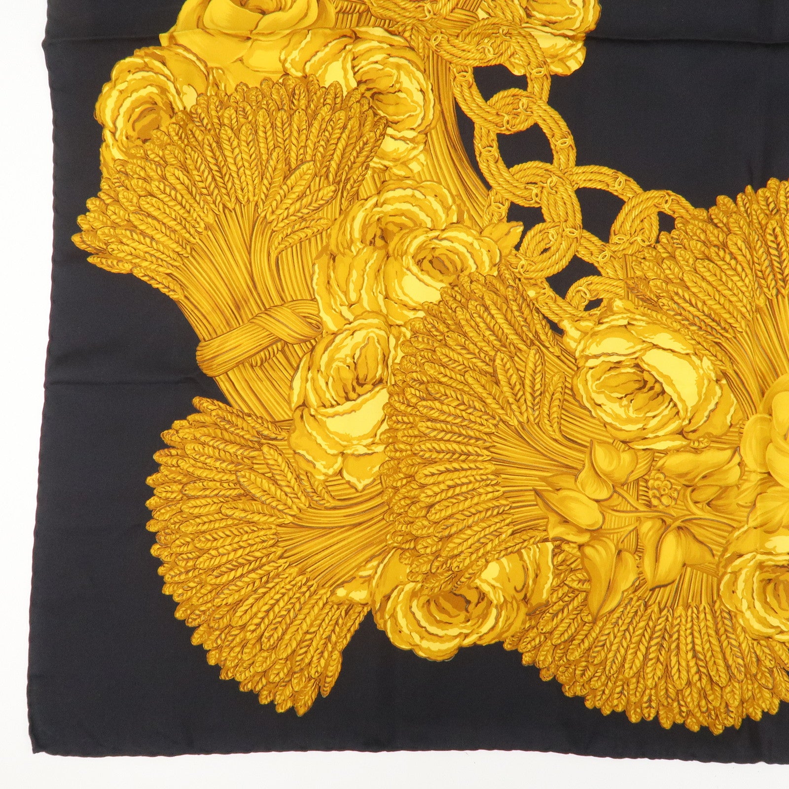 CHANEL Silk 100% Flower Chain Print Scarf Black Gold