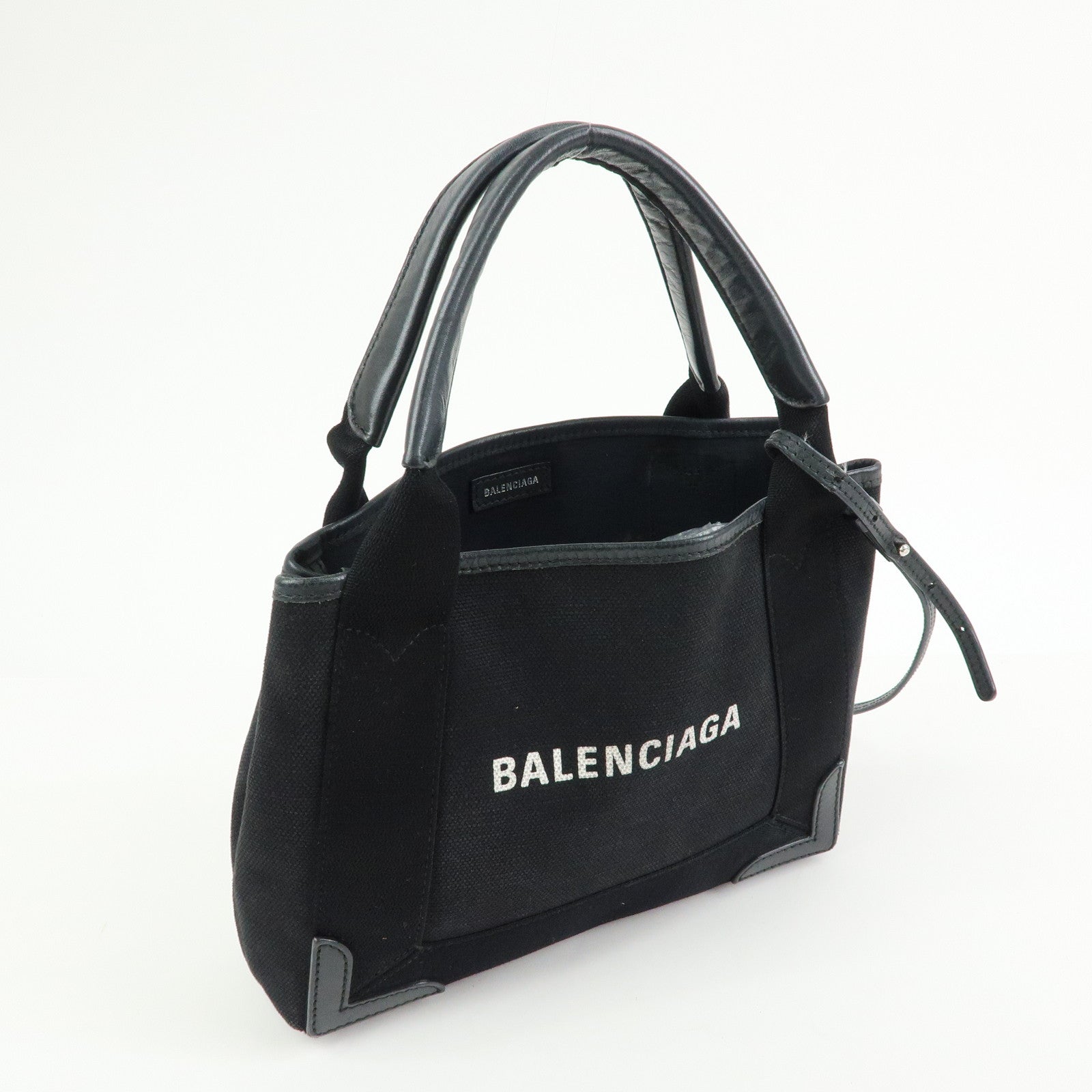 BALENCIAGA Navy Cabas XS Canvas Leather 2Way Bag Black 390346