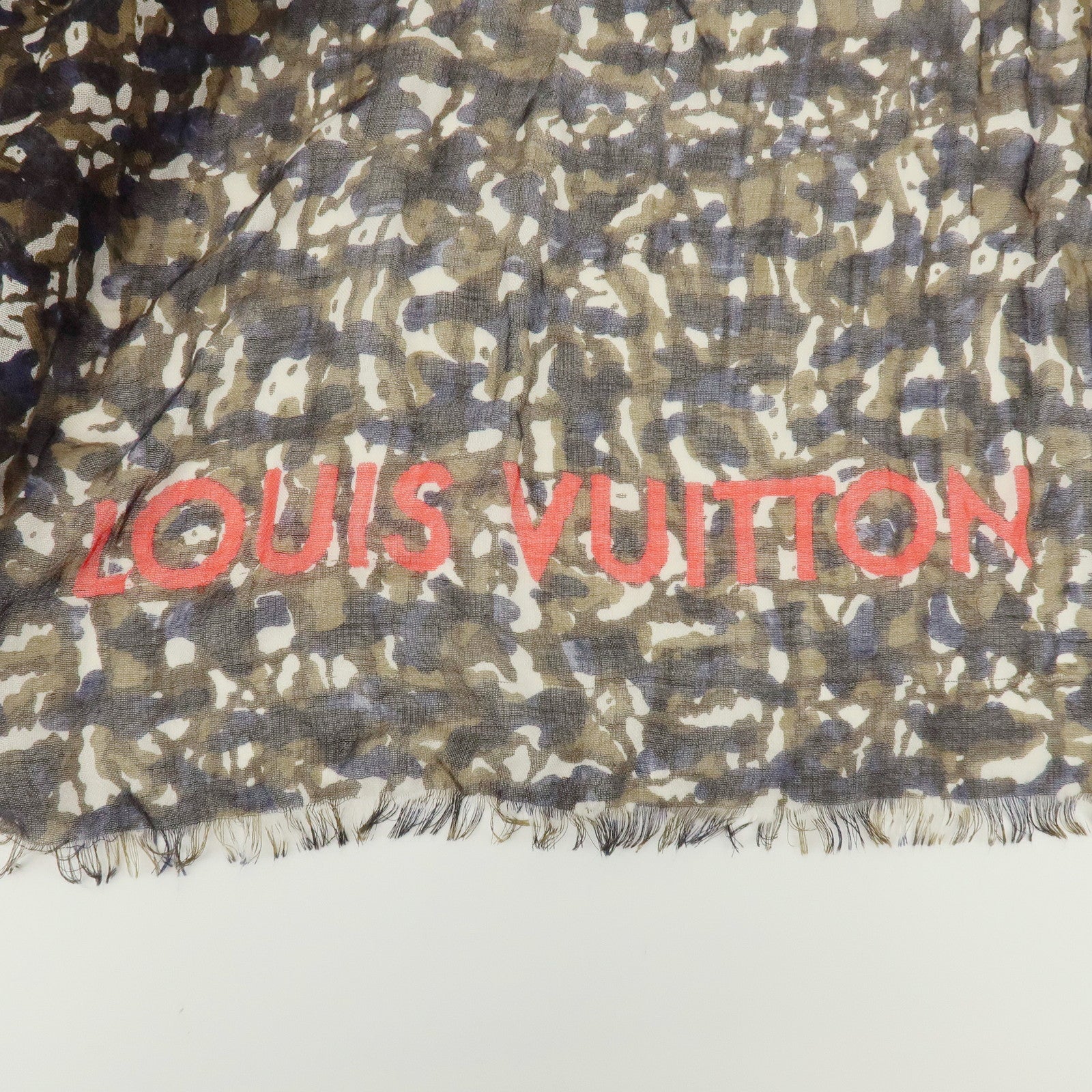 Louis Vuitton Cashmere Silk Scarf Shawl Camouflage Khaki M75136