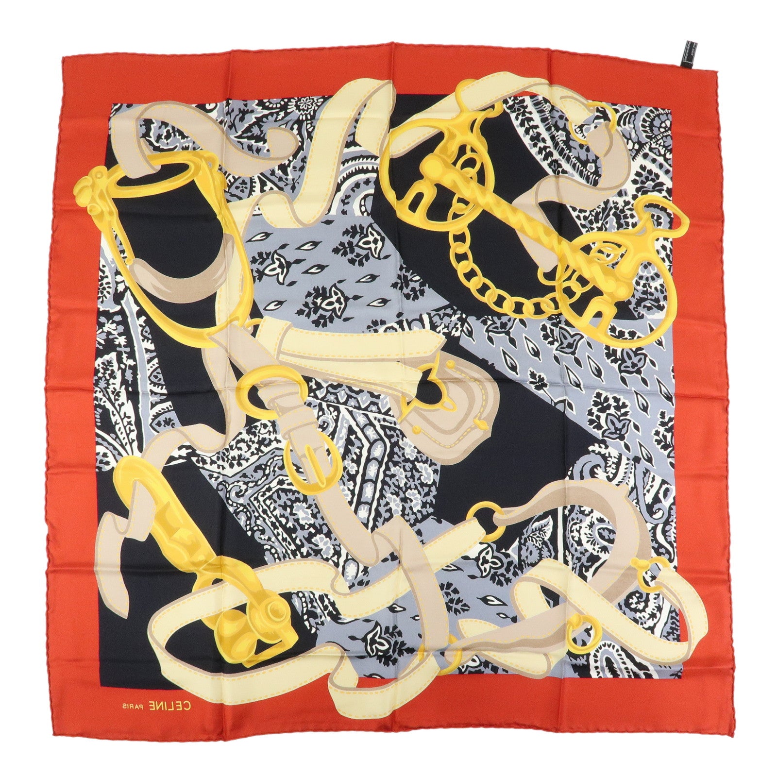 CELINE Silk 100% Scarf Flower Belt Motif Black Red Gold