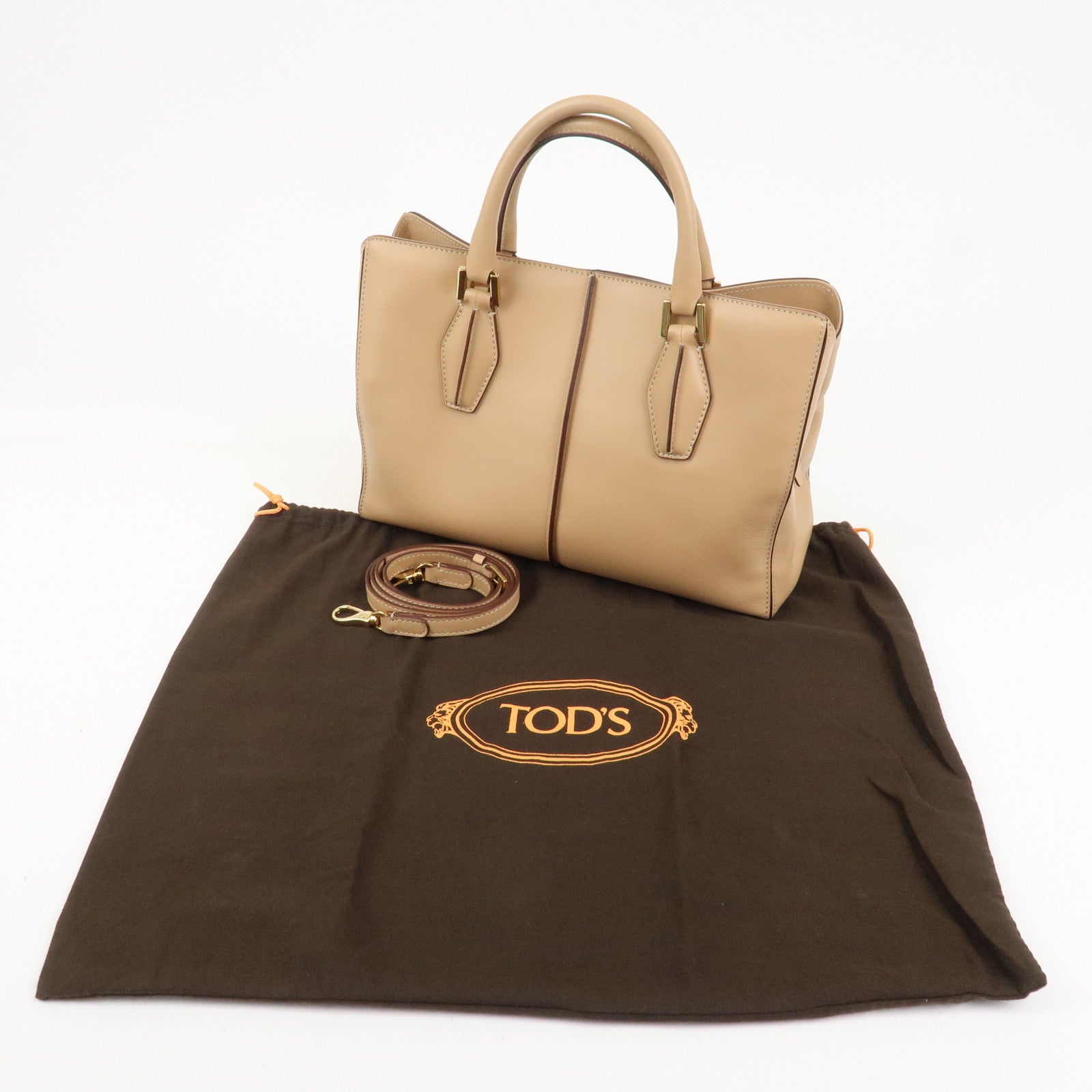 TOD’S Leather 2Way Bag Hand Bag Shoulder Bag Beige Gold