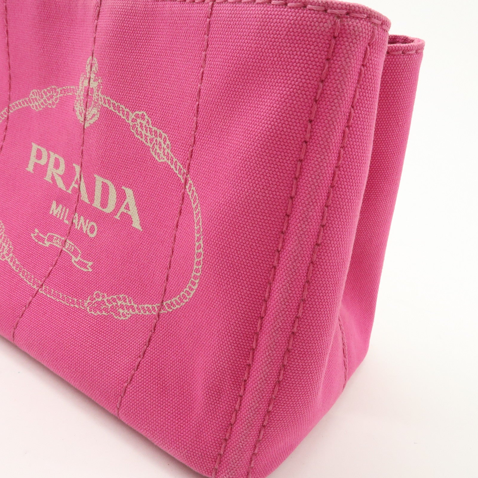 PRADA Logo Canapa Mini Canvas Tote Bag Hand Bag Pink BN2439 Used