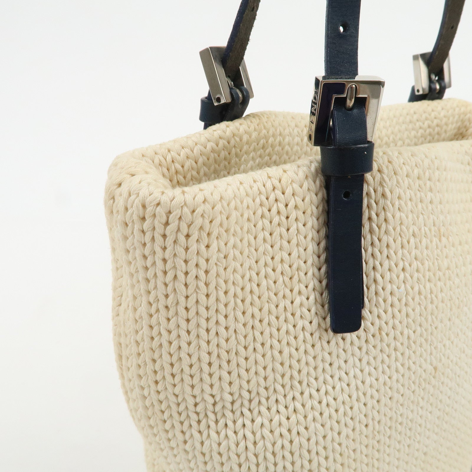 FENDI Logo Wool Leather Hand Bag Shoulder Bag Ivory Navy 26731