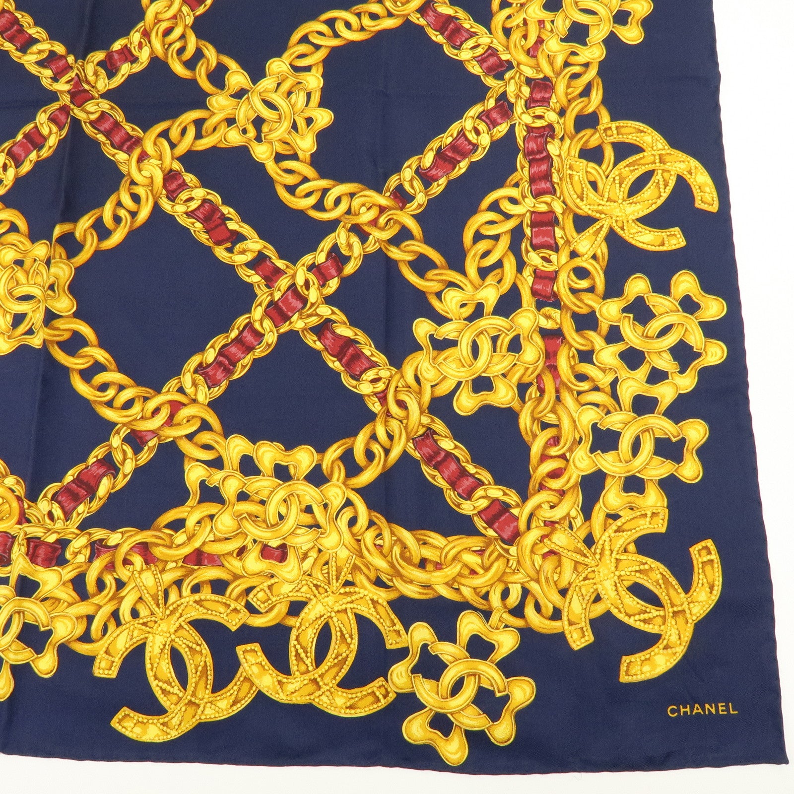 CHANEL Silk 100% Scarf COCO Mark Chain Motif Navy Gold