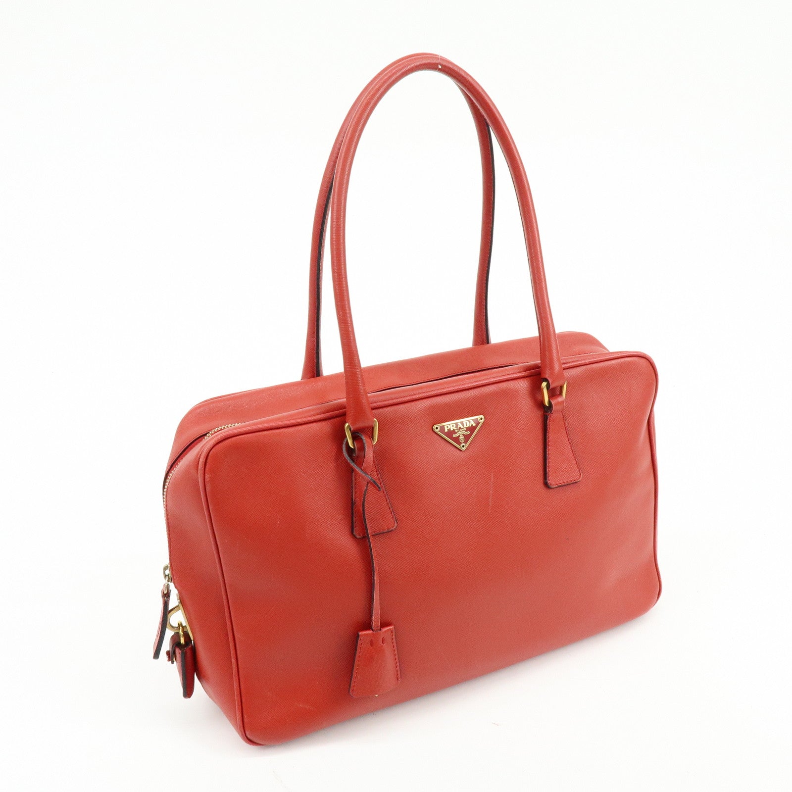 PRADA Triangle Logo Saffiano Leather Shoulder Bag Hand Bag Red