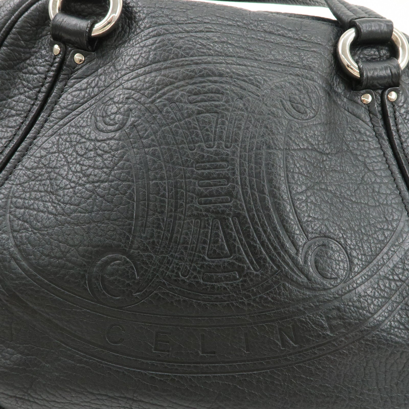CELINE Leather Boston Bag Hand Bag Black Silver Hardware Used