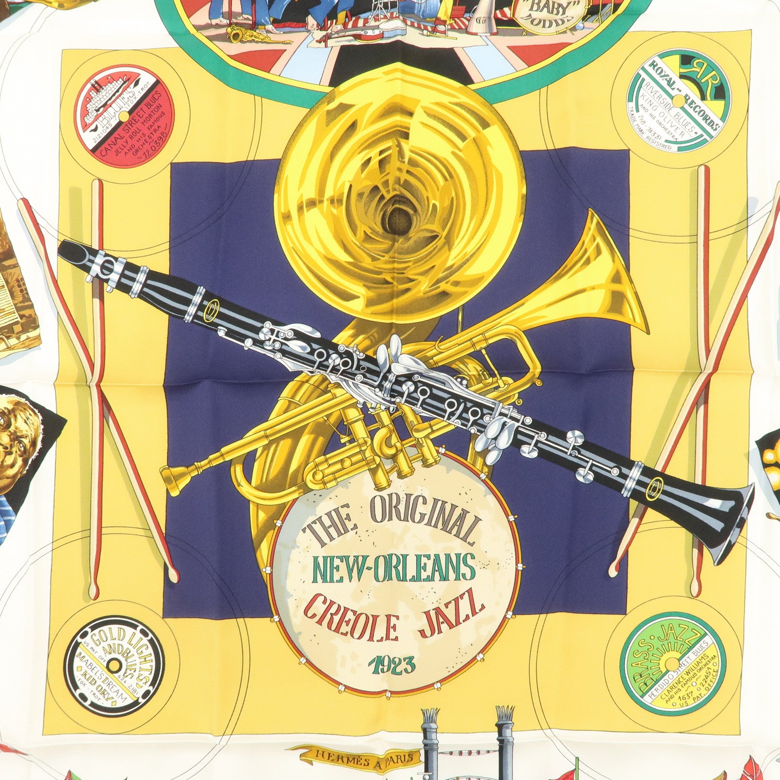 HERMES Carre 90 Silk Scarf THE ORIGINAL NEW ORLEANS CREOLE JAZZ Used