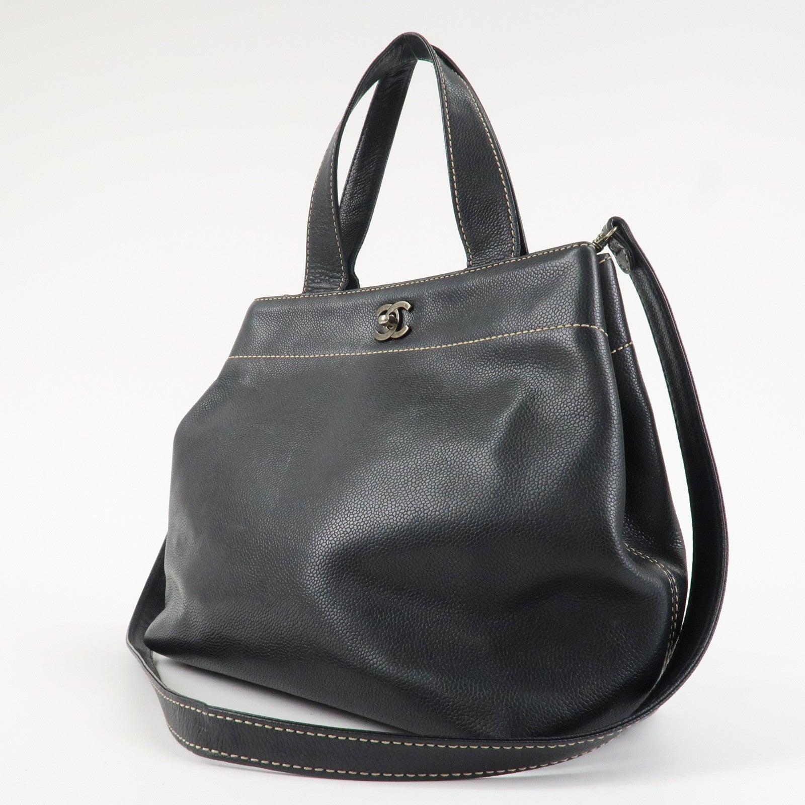 CHANEL Caviarskin COCO Mark Turn Lock 2Way Hand Bag Black Used