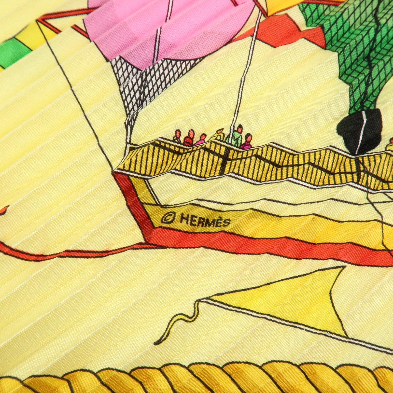 HERMES pleats Carre 90 Silk 100% Scarf Yellow Green Purple Red Used