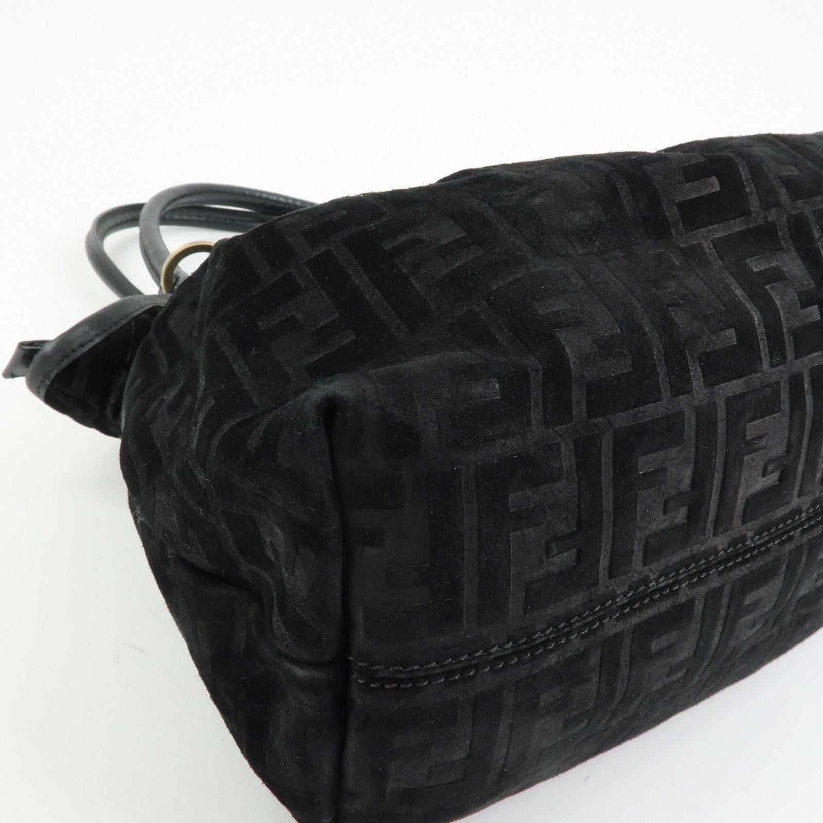 FENDI Zucca Suede Leather Gathered Shoulder Bag Black 8BH186