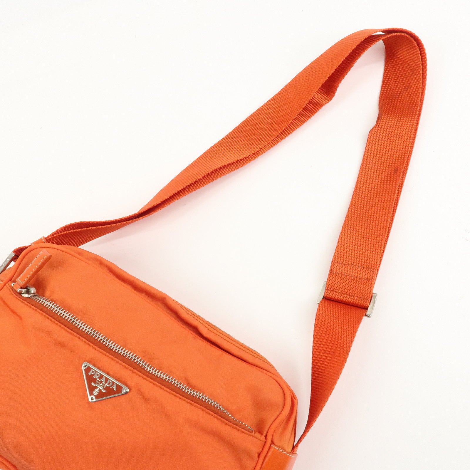 PRADA Triangle Logo Leather Nylon Shoulder Bag Orange Used