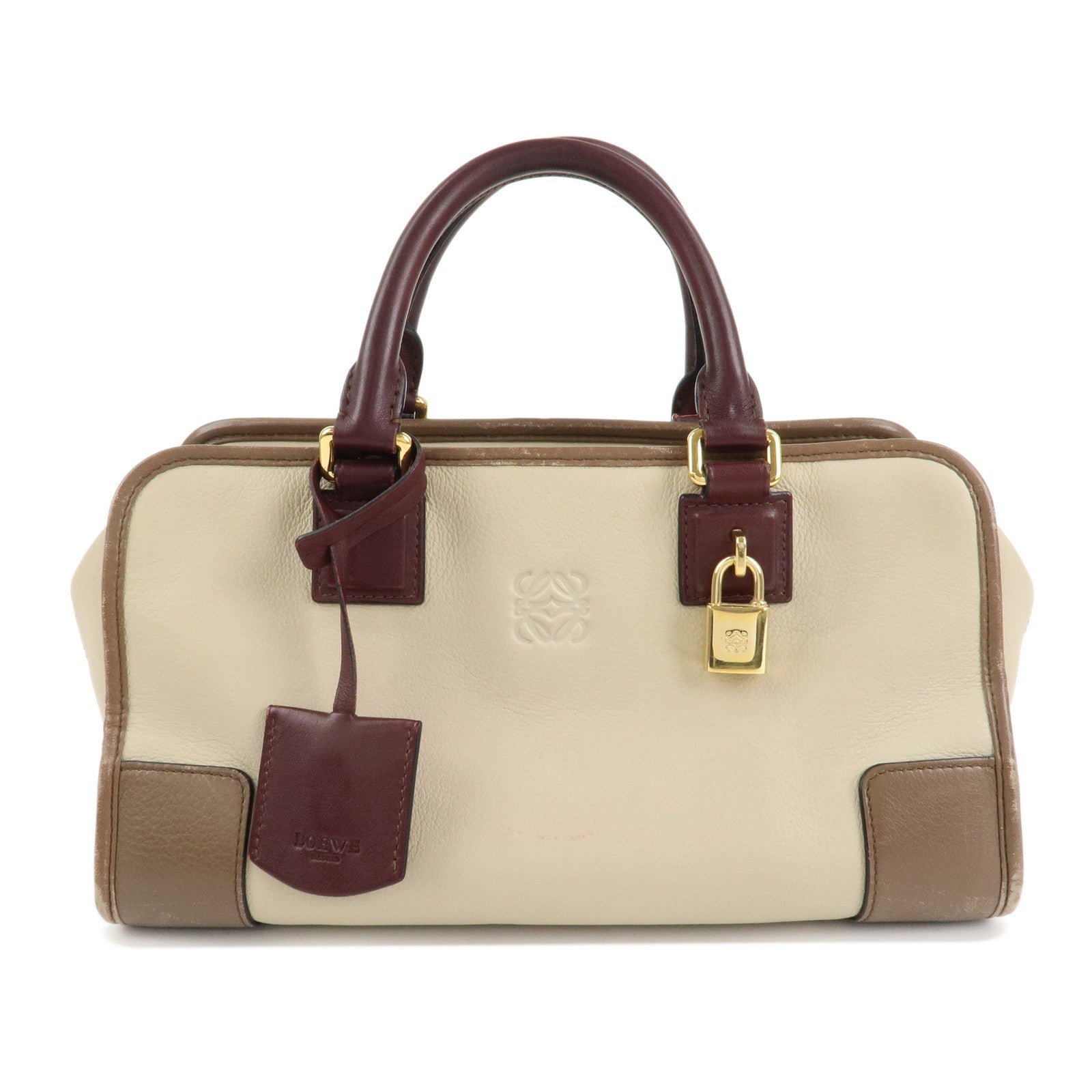 LOEWE Anagram Amazona 28 Leather Hand Bag Brown Ivory Bordeaux Used