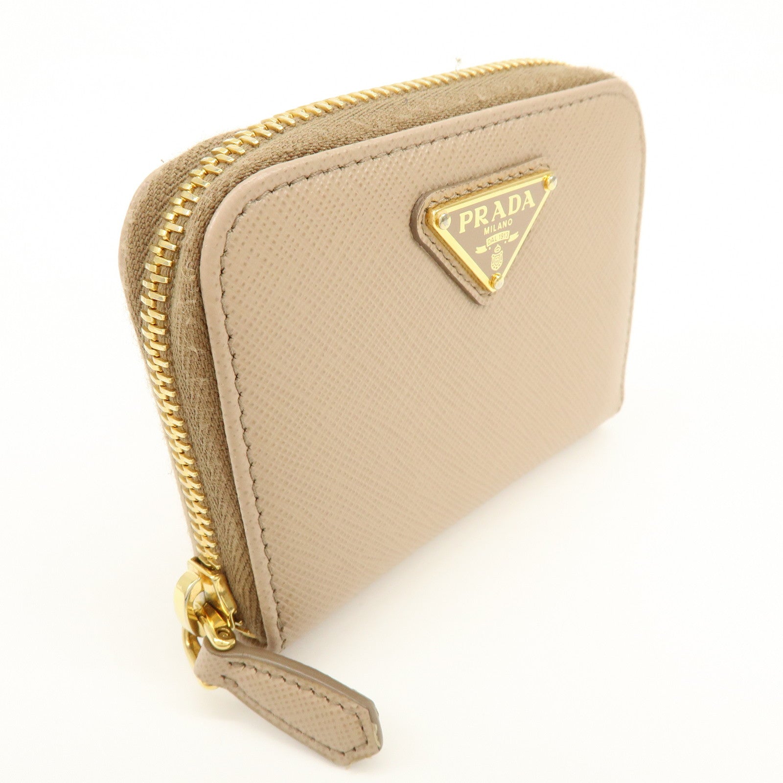 PRADA Triangle Logo Saffiano Leather Coin Case Beige 2MM003