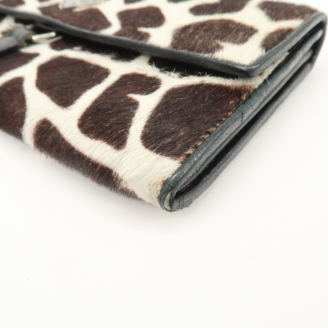 PRADA Unborn Carf Leather Bi-Fold Long Wallet Brown White