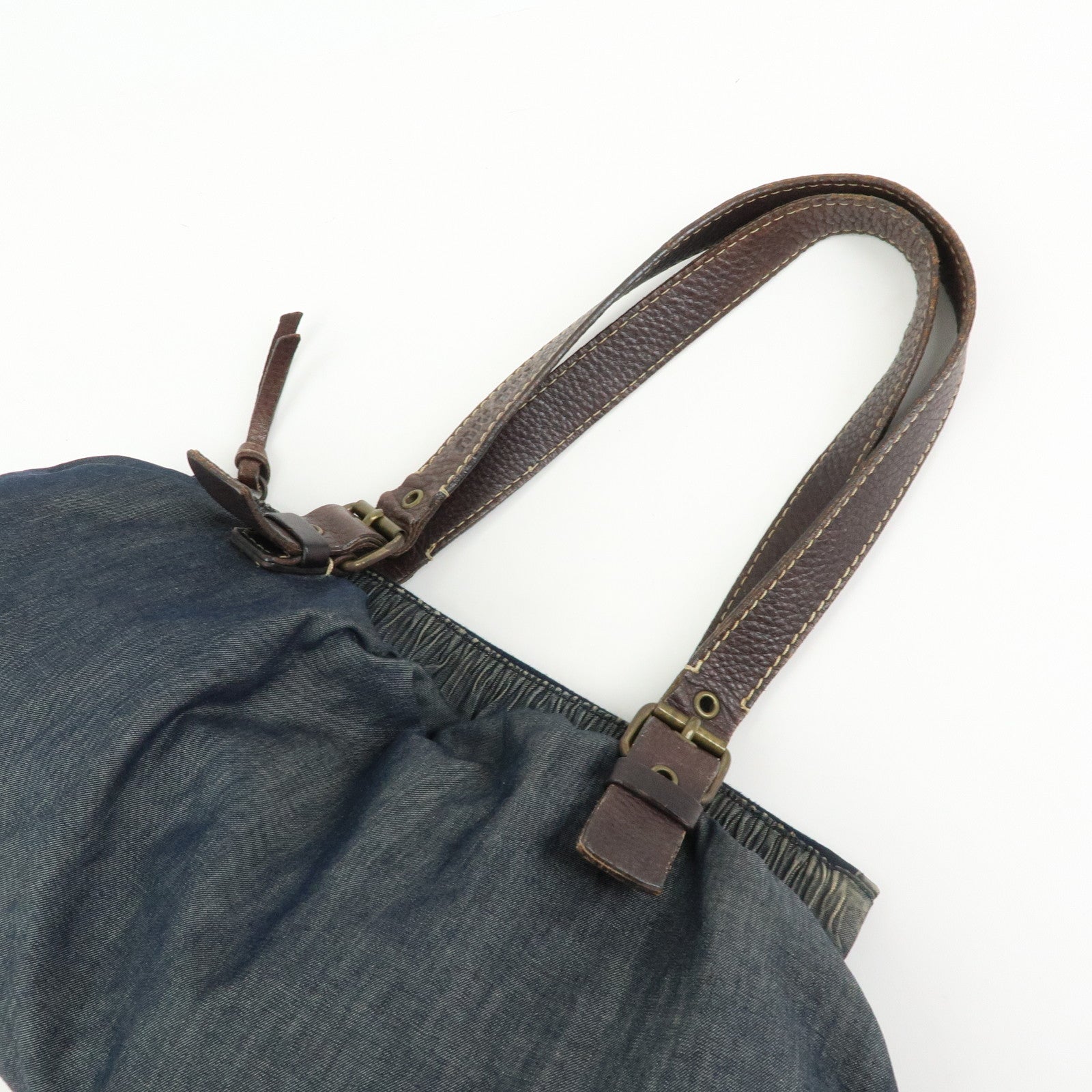 MIU MIU Denim Leather Shoulder Bag Hand Bag Indigo Blue Brown