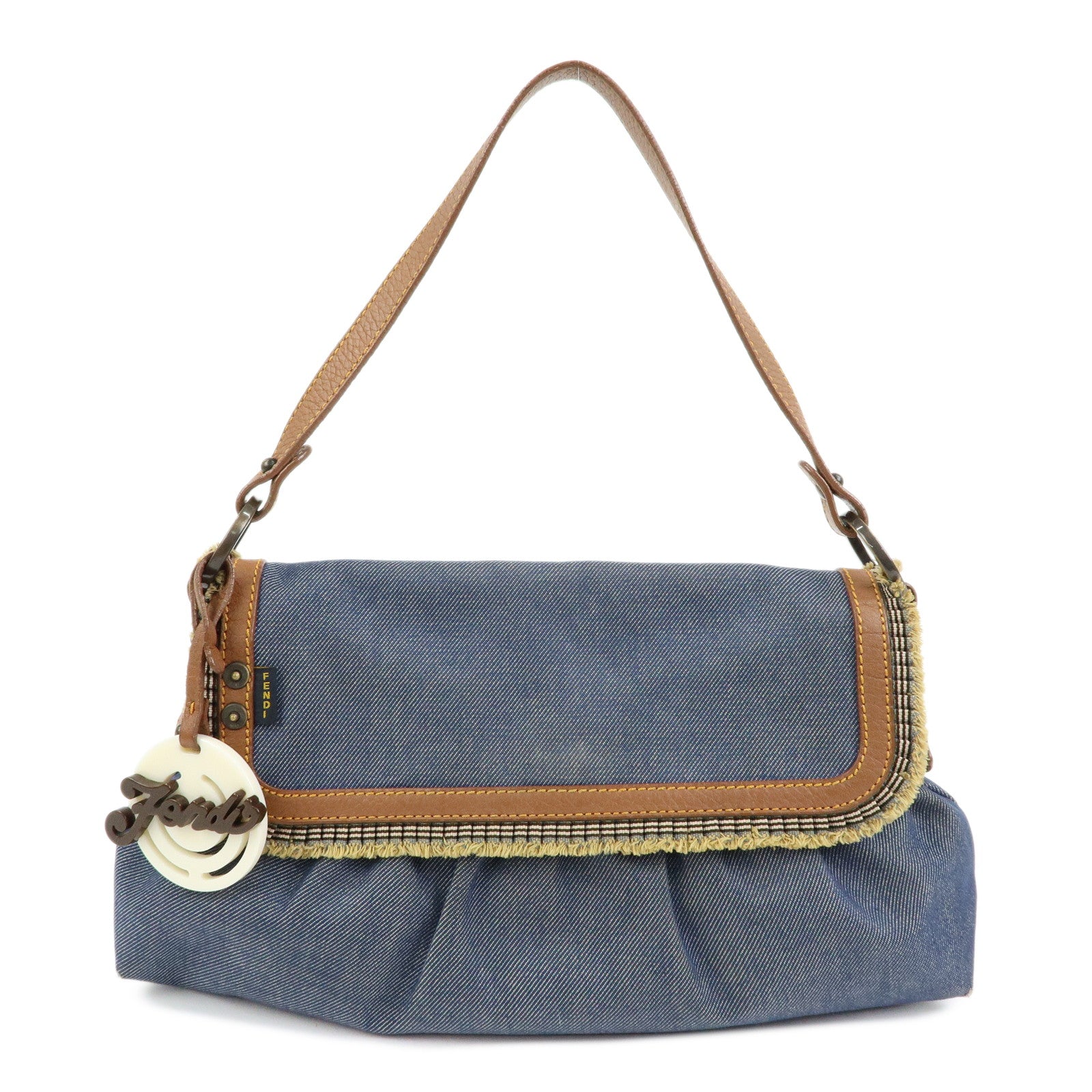 FENDI Denim Leather Shoulder Bag Hand Bag Indigo Brown 8BR445