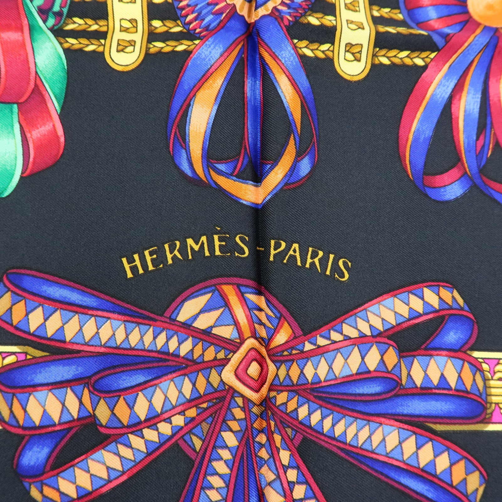 HERMES Carre 90 Silk 100% LES RUBANS DU CHEVAL Scarf Black