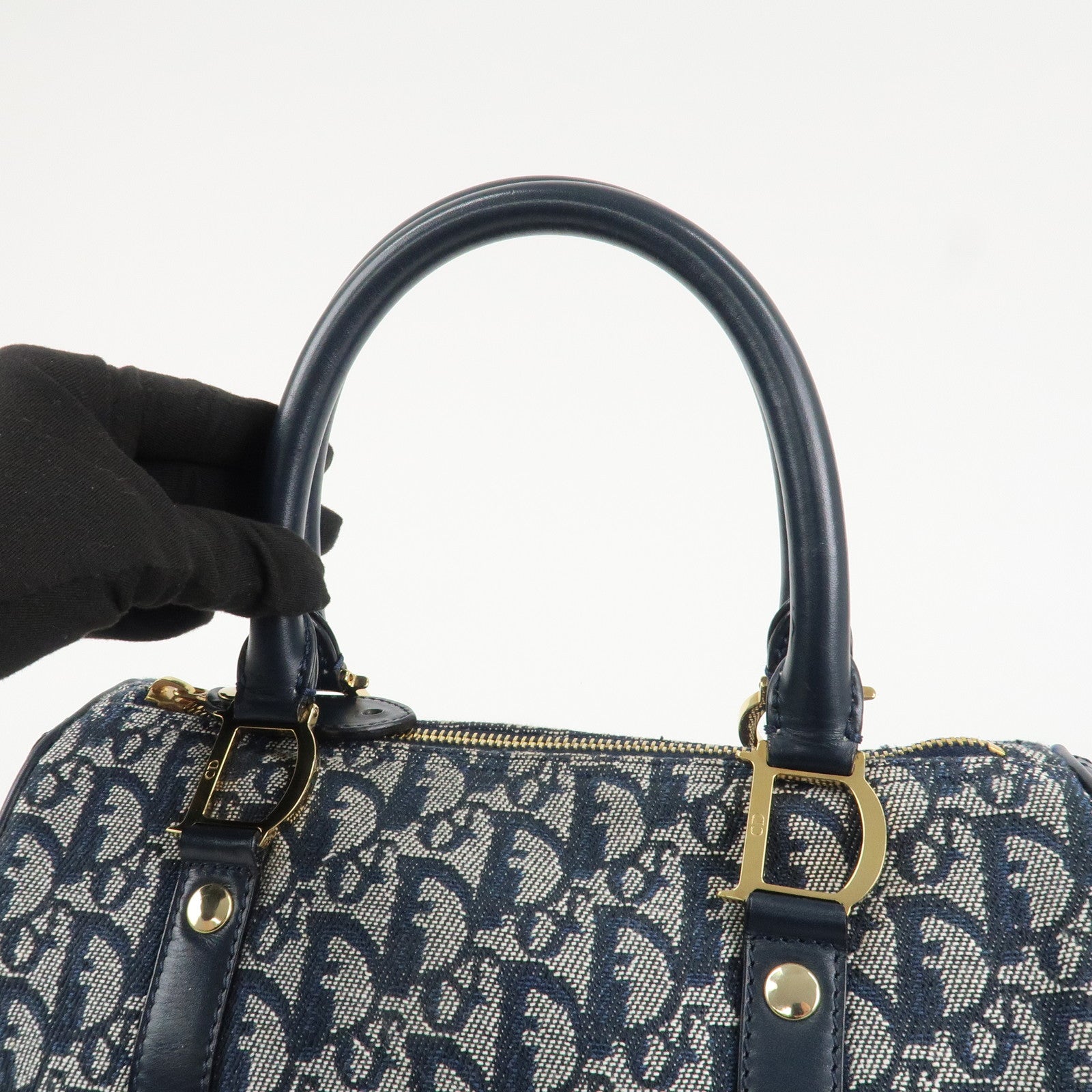 Christian Dior Trotter Leather Canvas Boston Bag Navy White Used