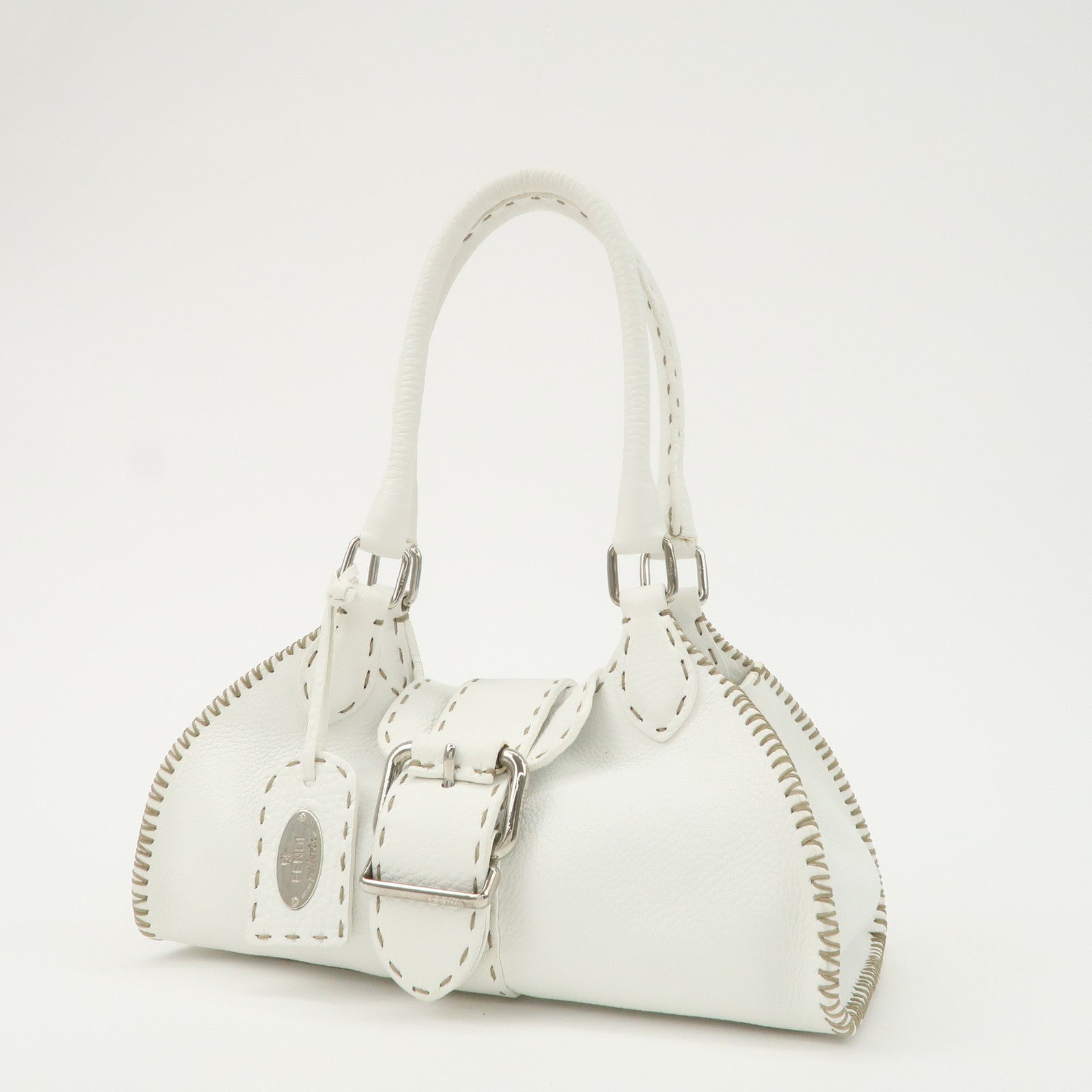FENDI Seleria Leather Hand Bag White Silver HDW 8BR439