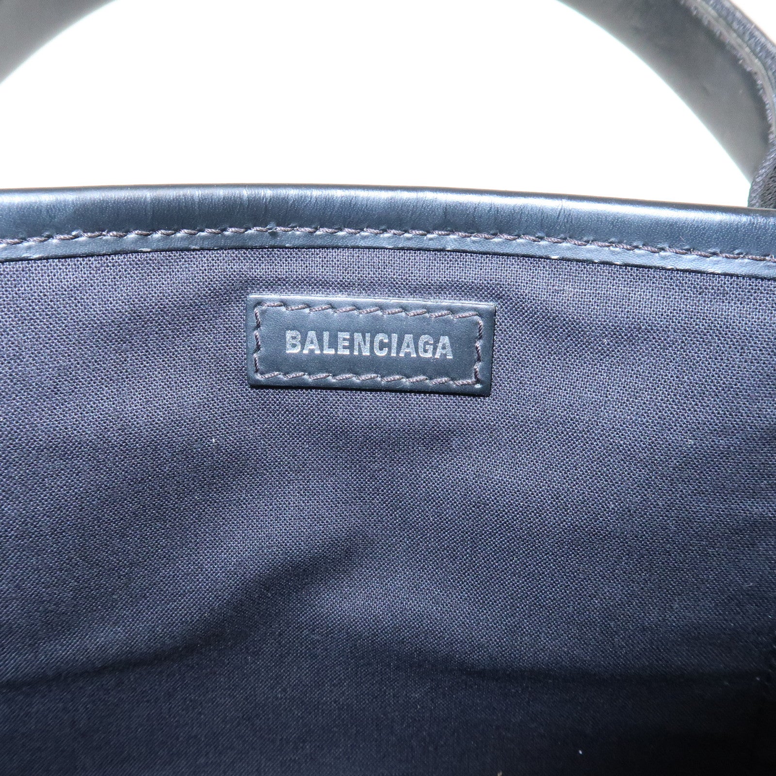 BALENCIAGA Canvas Leather Navy Cabas XS Hand Bag Brown 390346