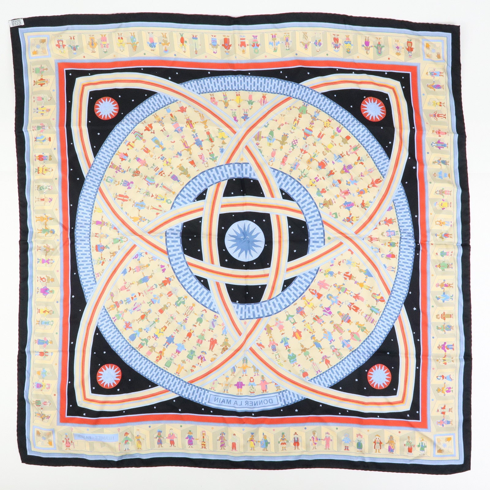 HERMES Carre 90 Silk 100% Scarf DONNER LA MAIN Black Beige