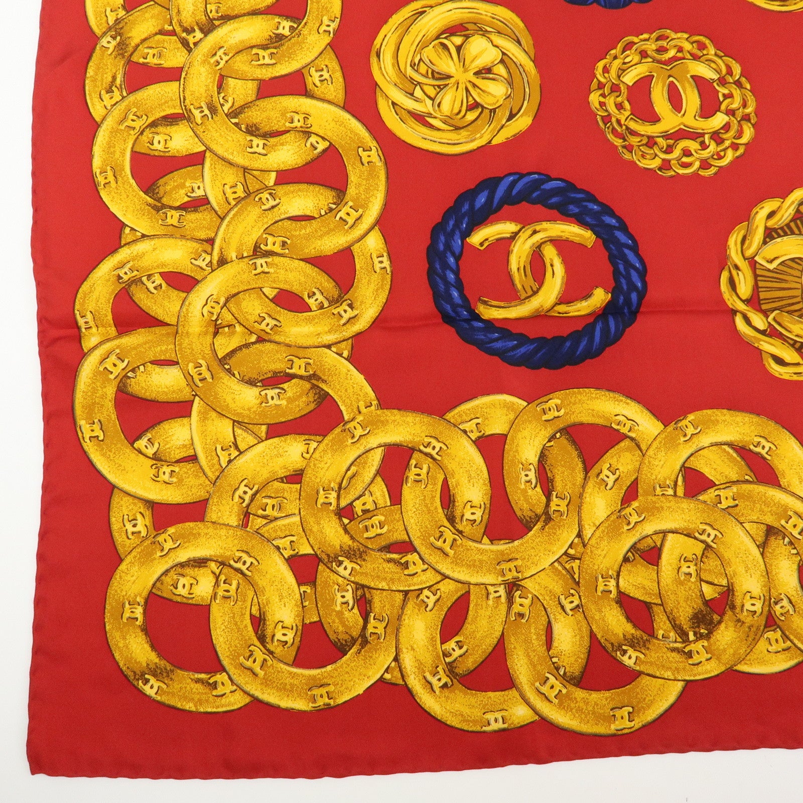 CHANEL COCO Mark Silk 100% Scarf Red Gold Multicolor