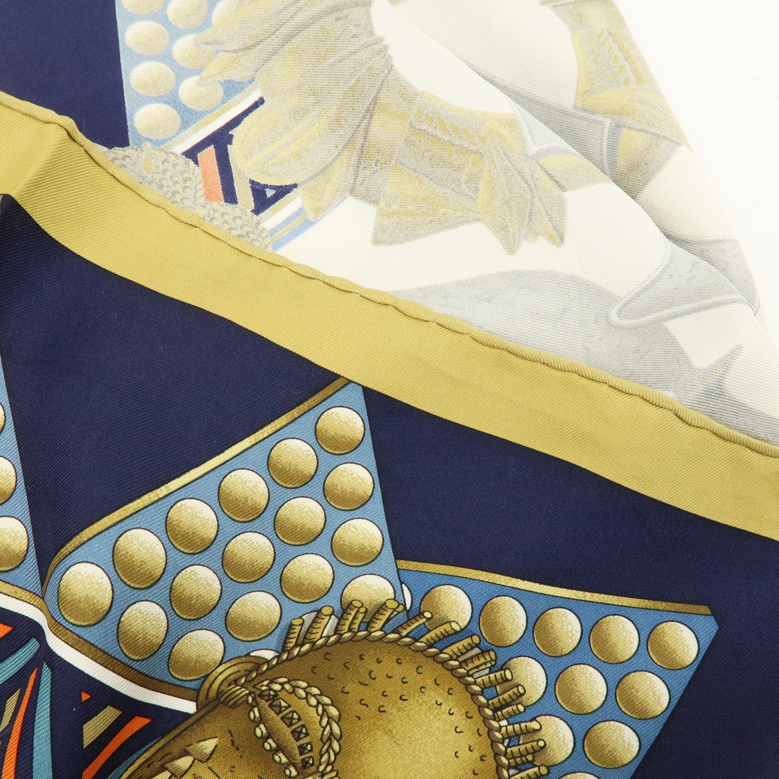 HERMES Carre 90 Silk 100% Scarf L'OR DES CHEFS Gold Navy