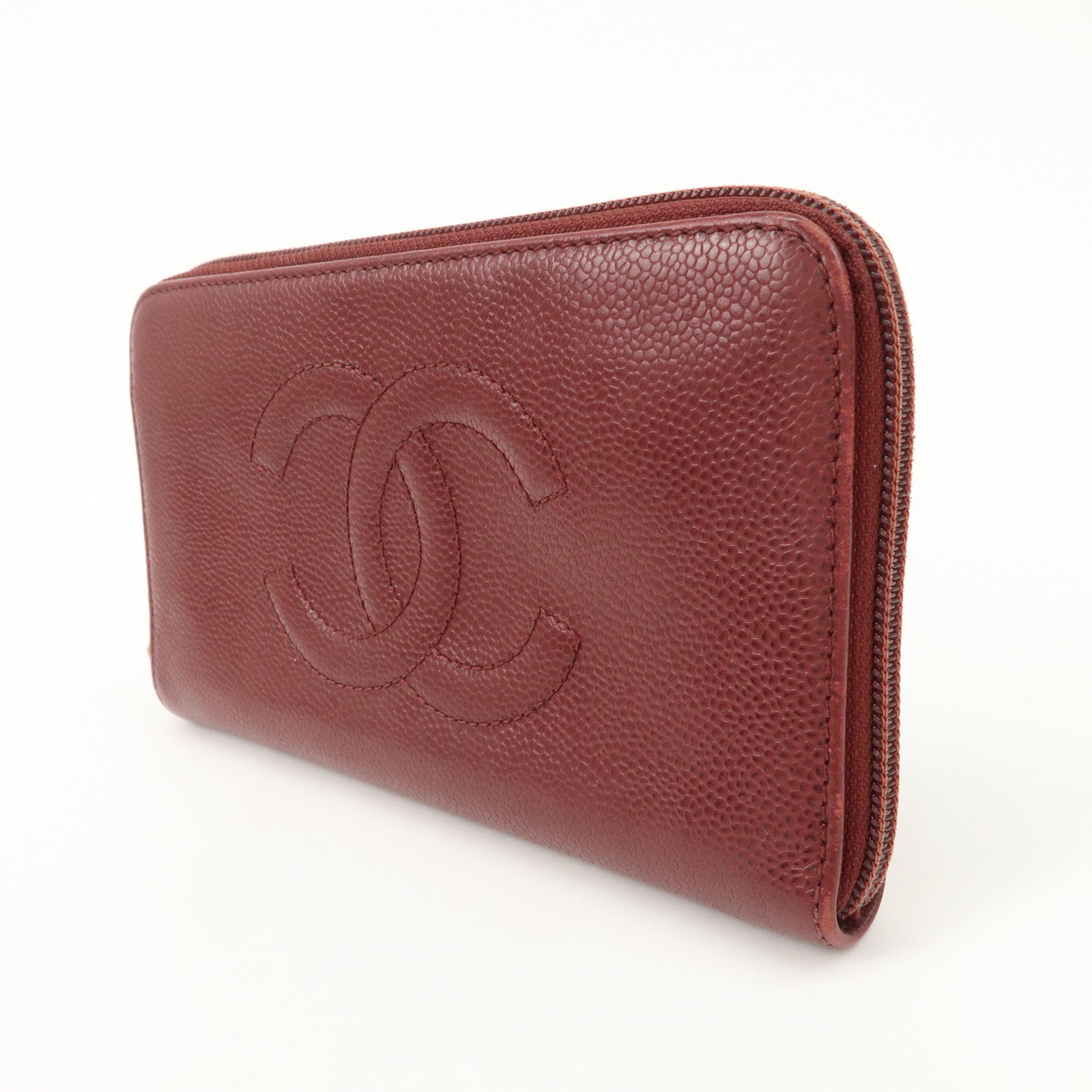 CHANEL COCO Mark Caviar Skin Round Zippy Wallet Bordeaux Used