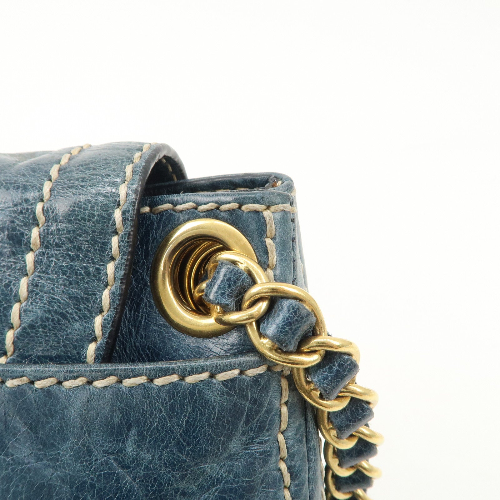 PRADA Leather Chain Shoulder Bag Blue Gold Hardware BR4659 Used