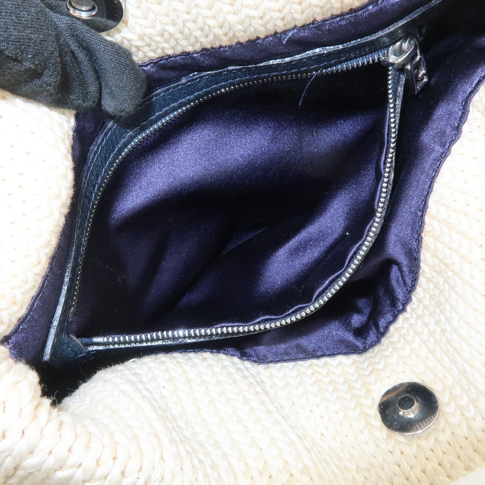 FENDI Logo Wool Leather Hand Bag Shoulder Bag Ivory Navy 26731