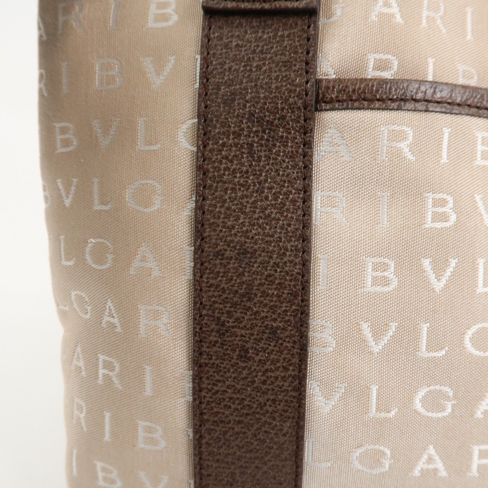 BVLGARI Logo Mania Canvas Leather Tote Bag Beige Dark Brown Silver HDW Used