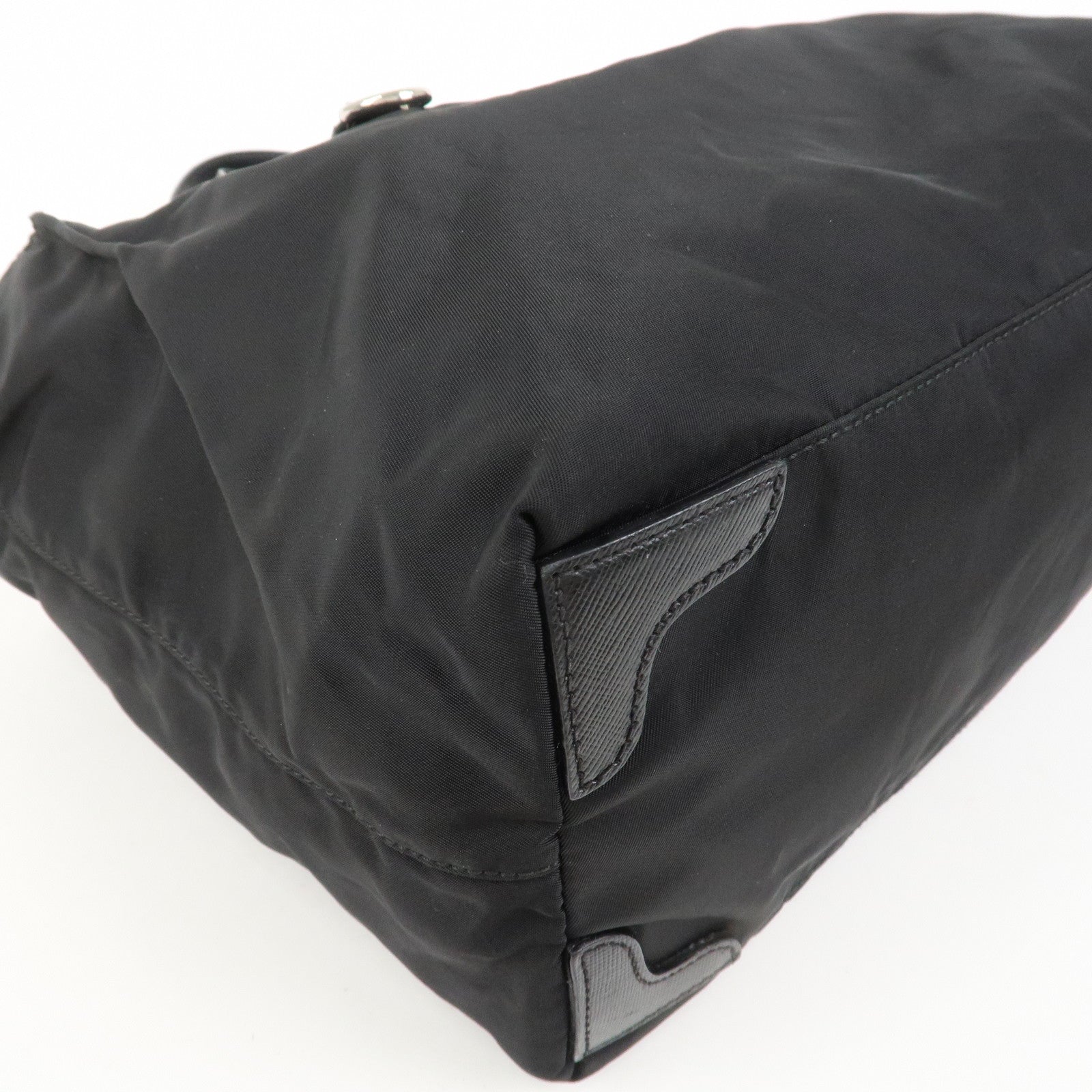 PRADA Triangle Logo Nylon Saffiano Leather Tote Shoulder Bag Black