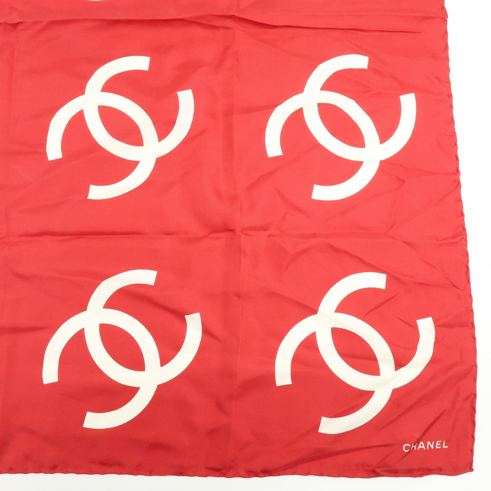 CHANEL COCO Mark Silk 100% Scarf Red White