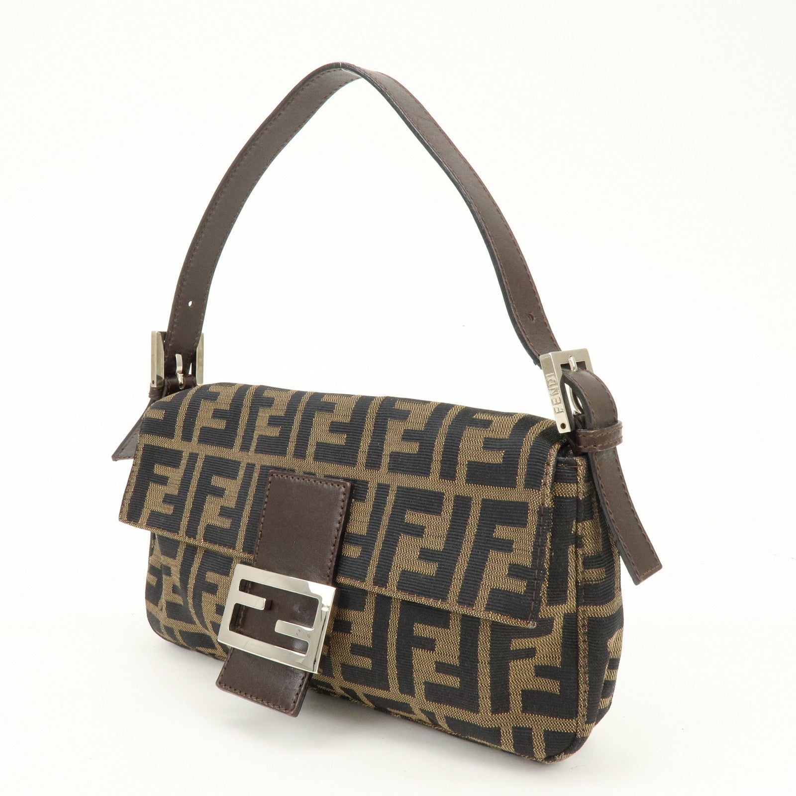 FENDI Mamma Baguette Zucca Canvas Leather Shoulder Bag Brown 8BR000