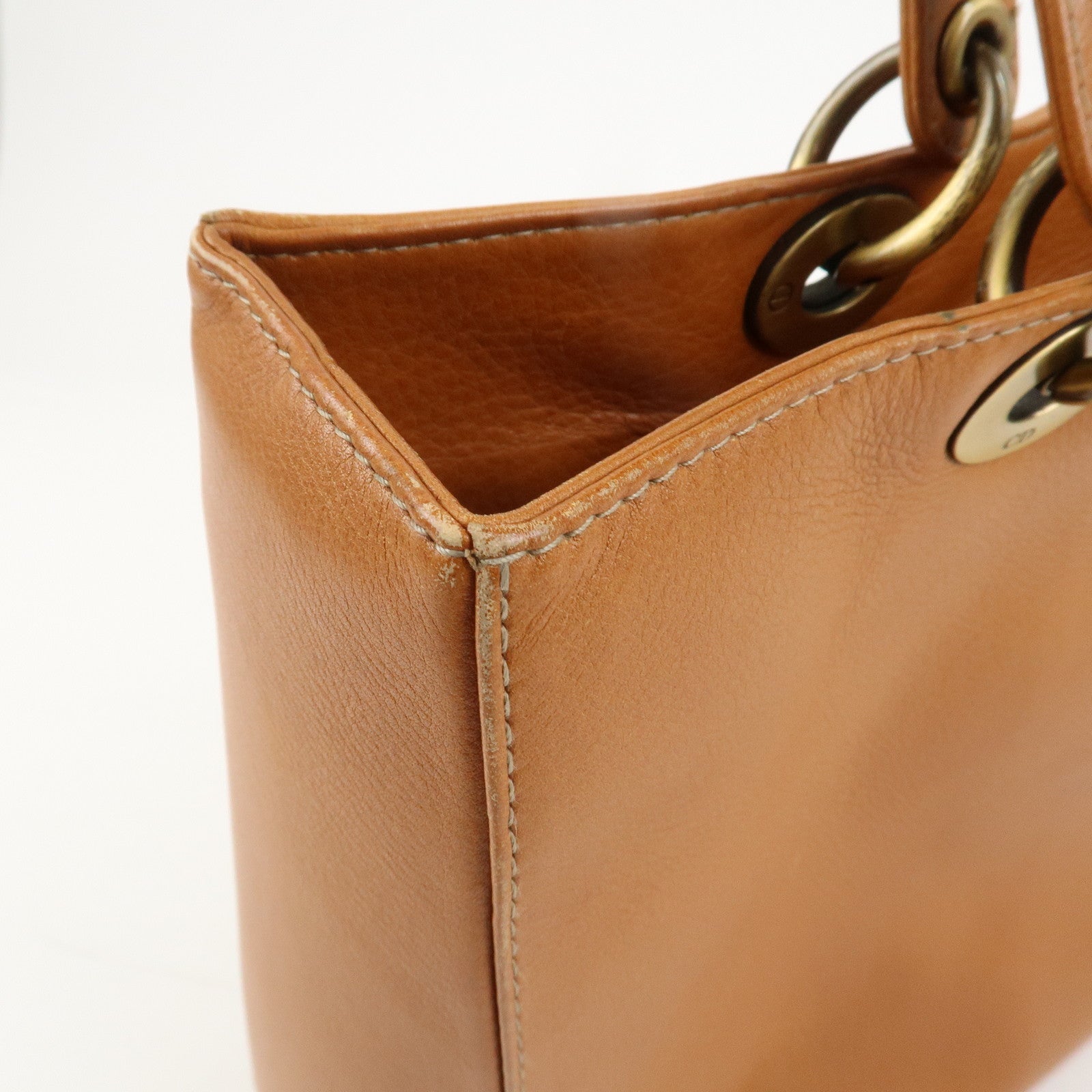 Christian Dior Lady Dior Leather Tote Bag Hand Bag Brown Gold