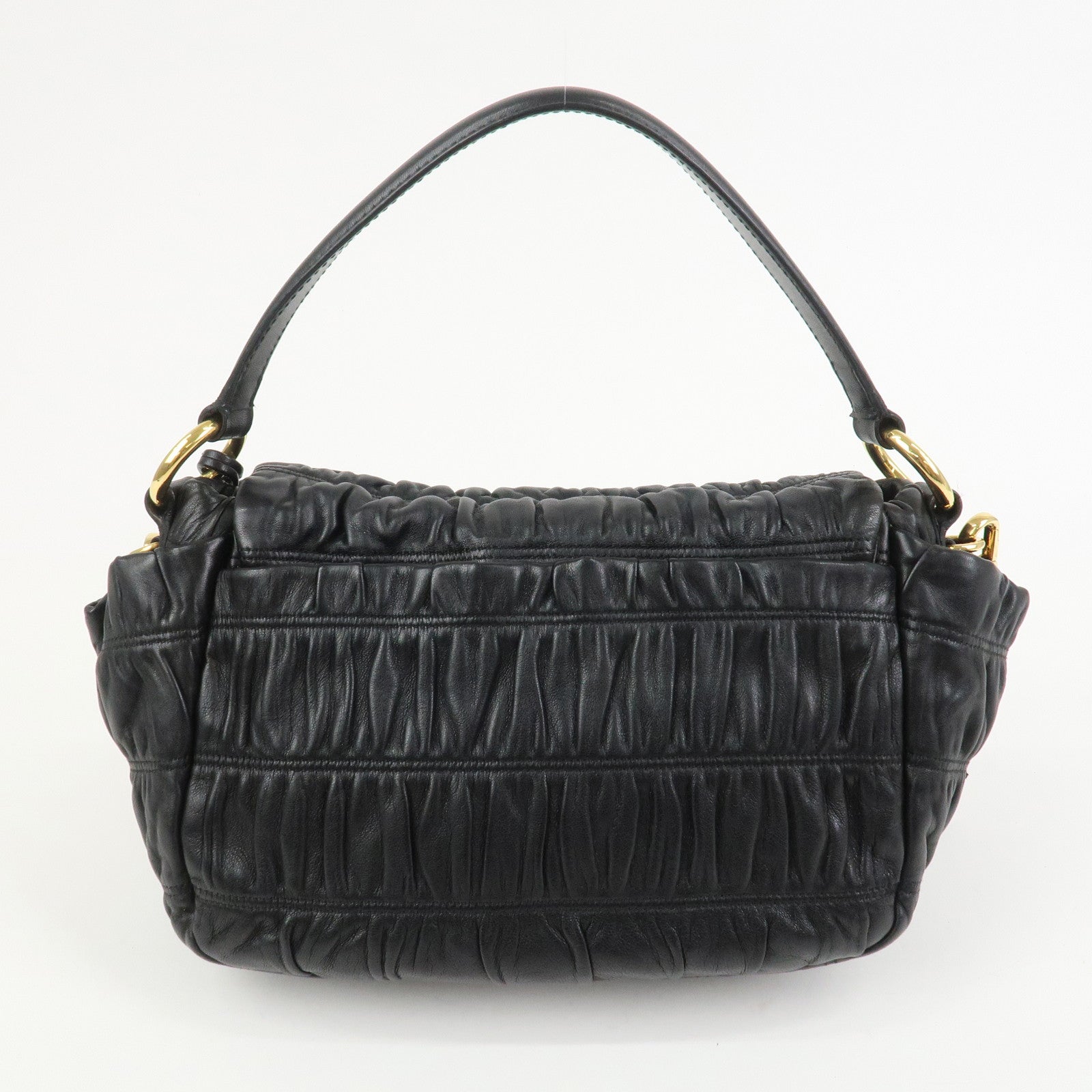 PRADA Logo Gathered Leather 2Way Bag Hand Bag Shoulder Bag Black