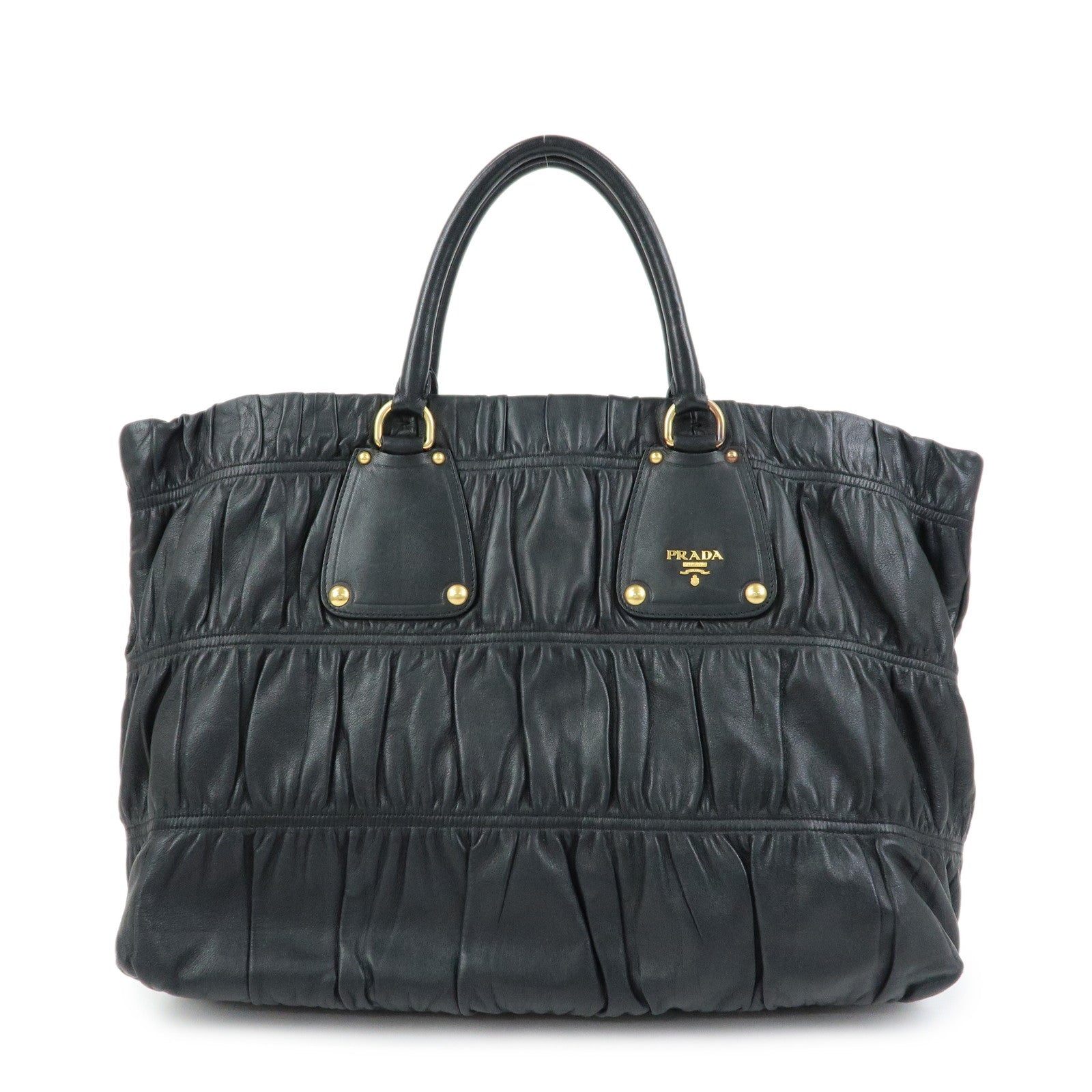 PRADA Logo Leather Gathered Tote Bag Hand Bag Black