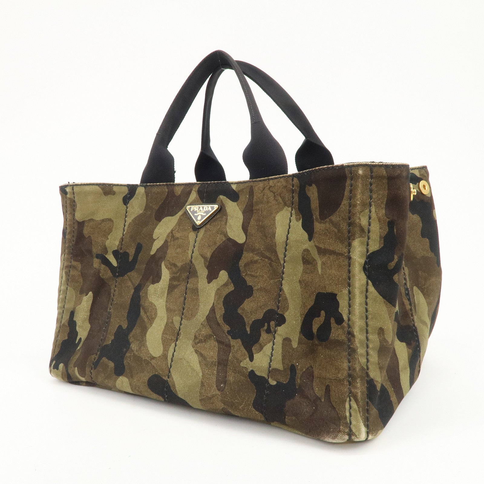 PRADA Triangle Logo Canvas Canapa Tote Bag Black Green BN2020