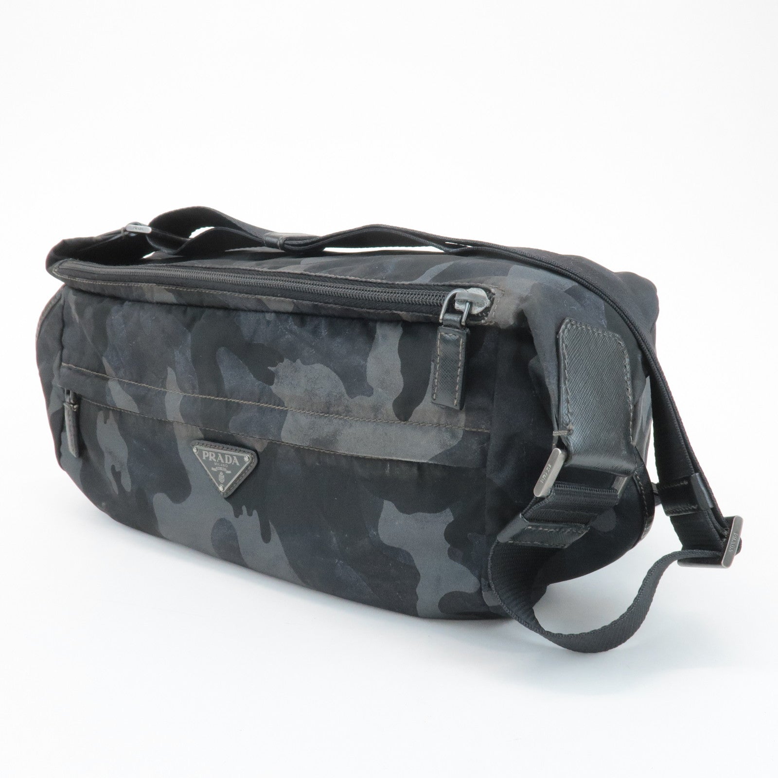 PRADA Triangle Logo Nylon Camouflage Shoulder Bag Black Gray Navy Used