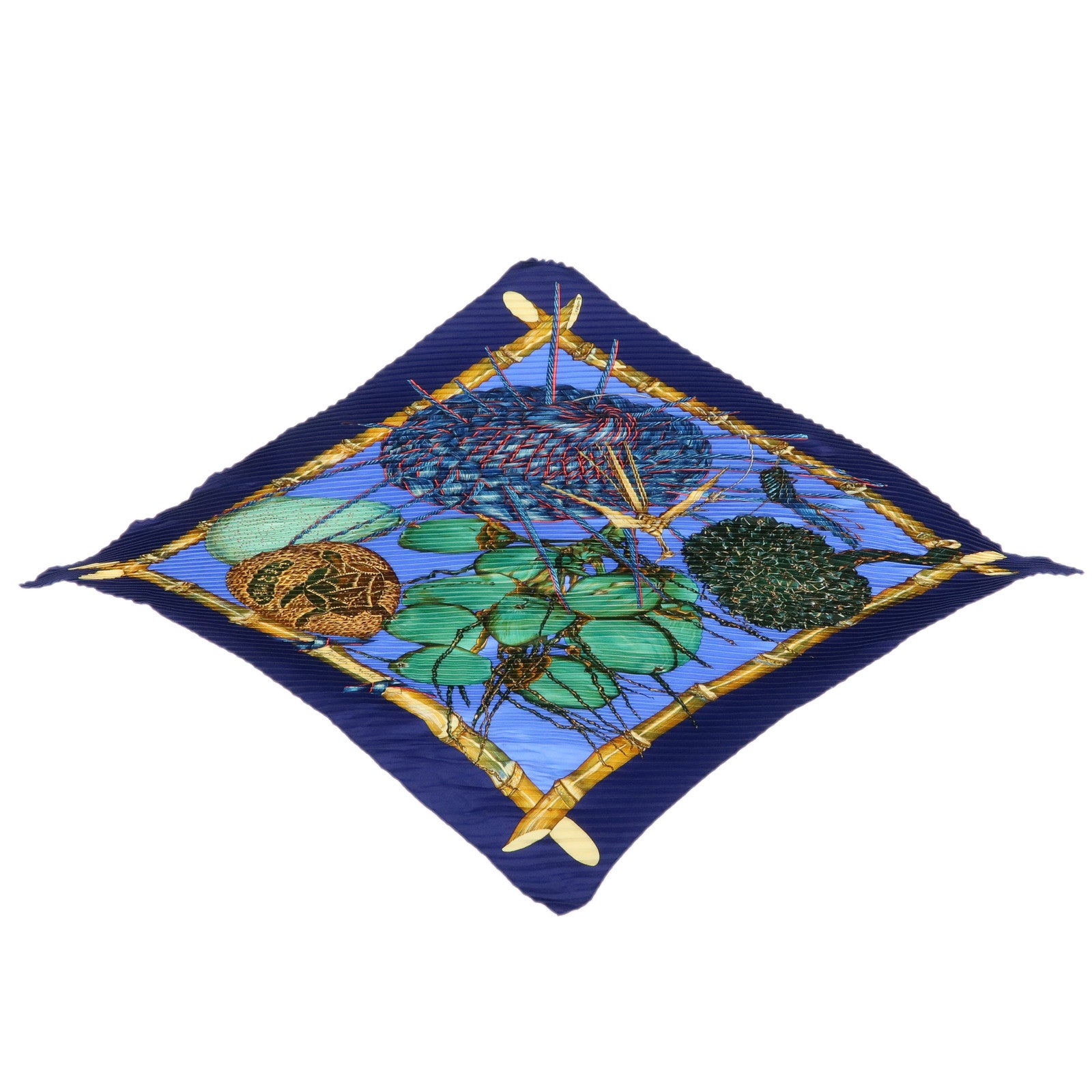 HERMES Pleated Carre 90 Silk 100% Scarf Jardin Creole Navy
