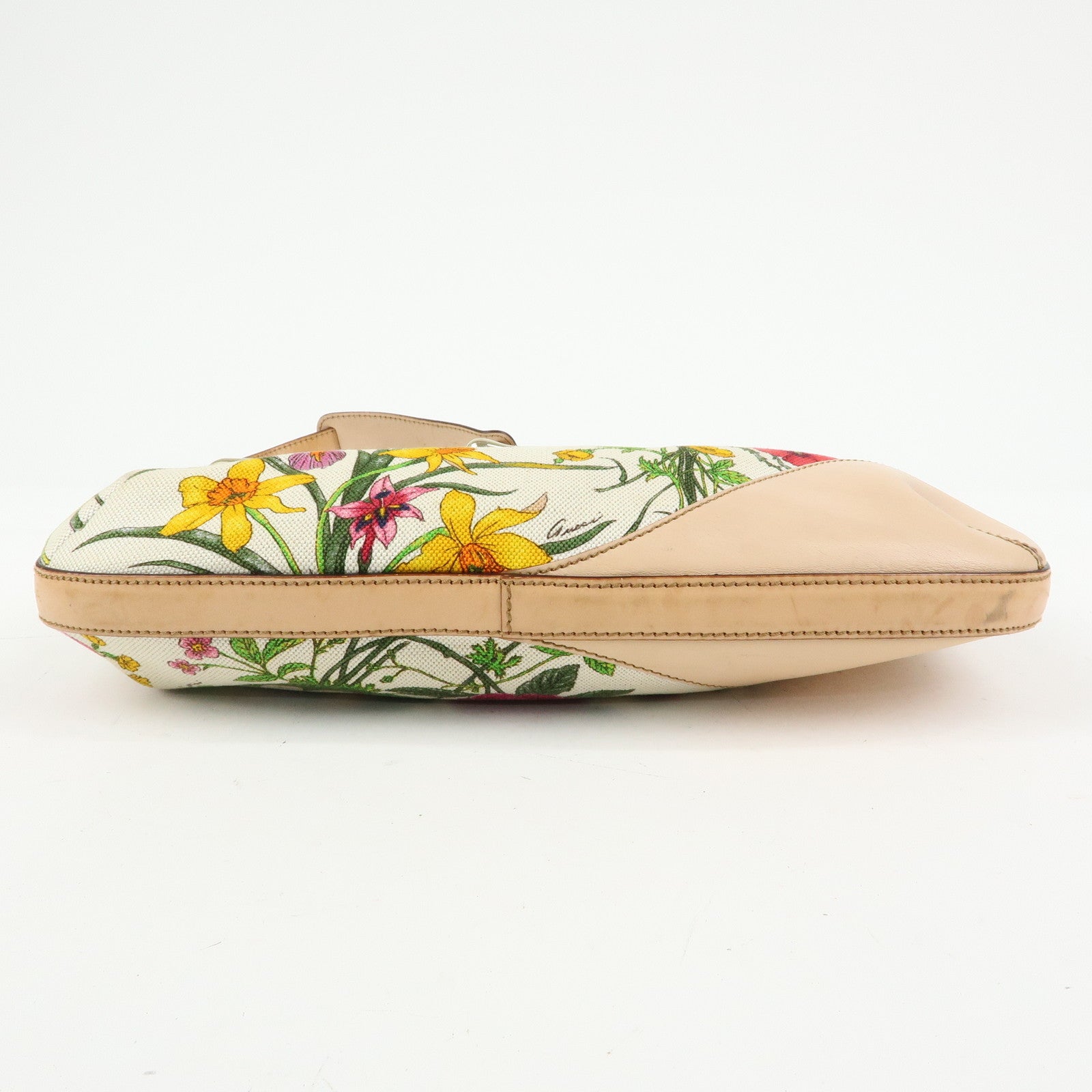 GUCCI Horsebit Flora Leather Canvas Shoulder Bag Beige White 137388