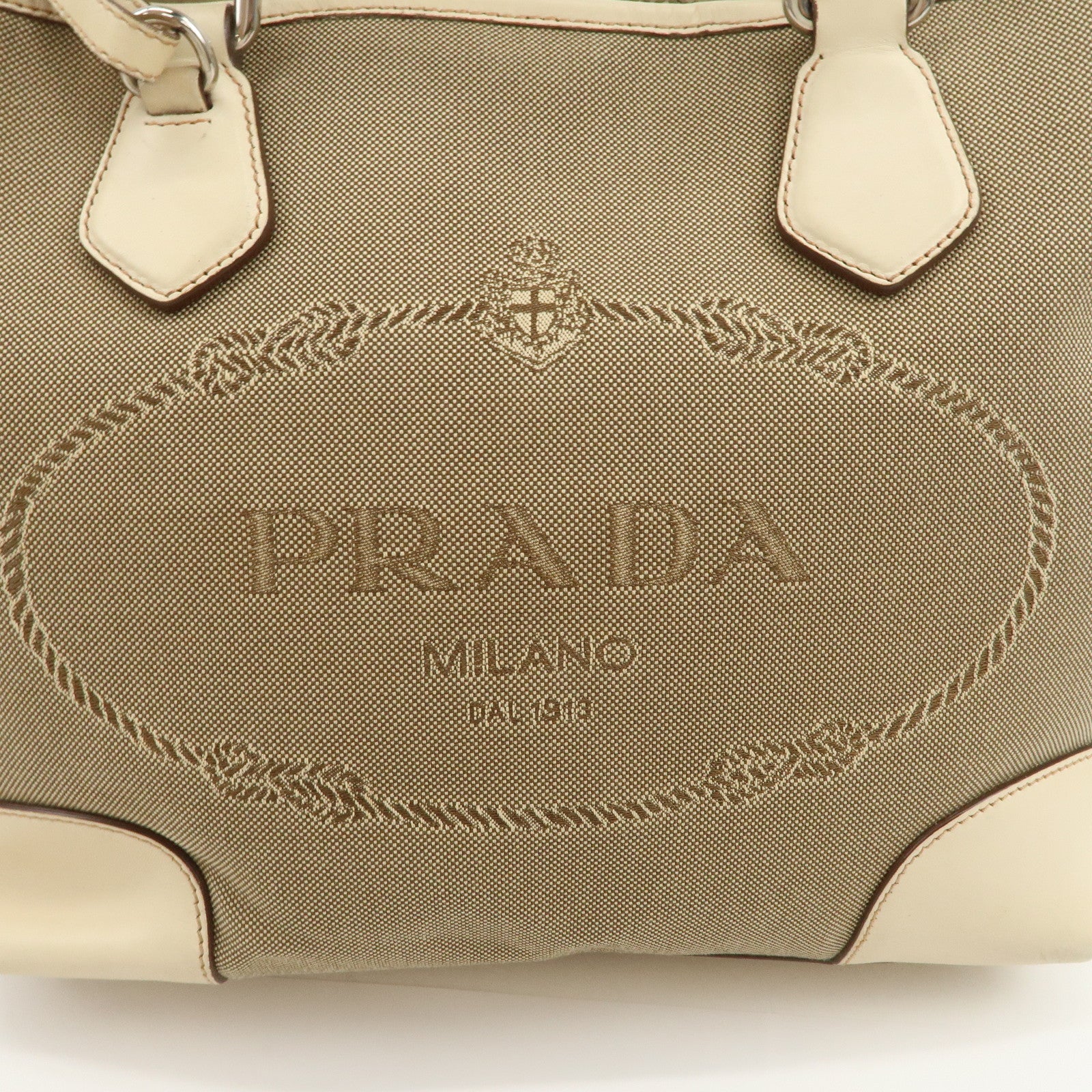 PRADA Logo Jacquard Leather 2Way Shoulder Bag Tote Bag Beige BR3414