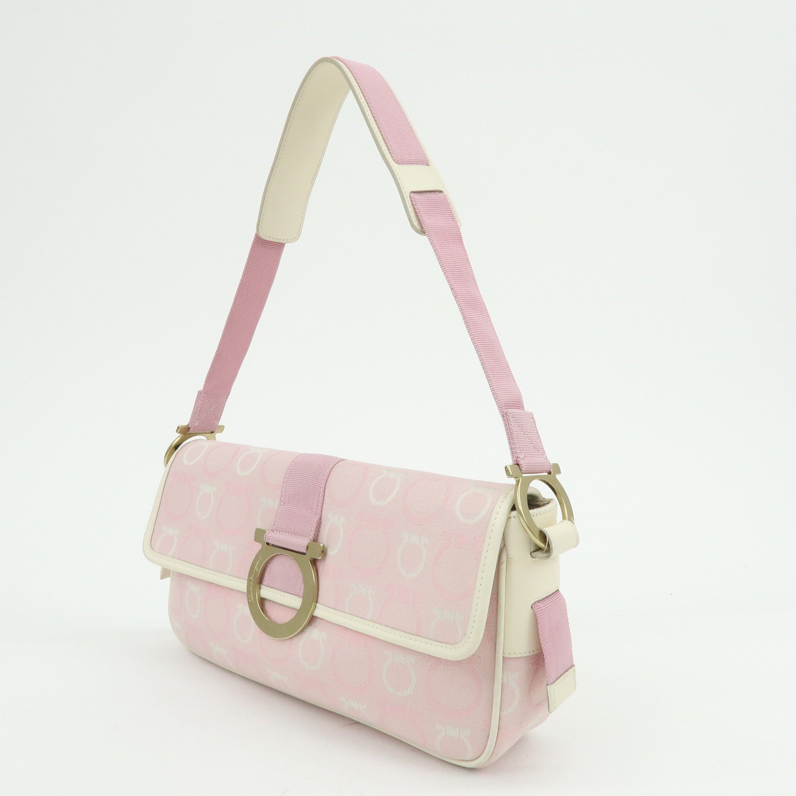 Ferragamo Gancini Canvas Leather Shoulder Bag Light Pink White