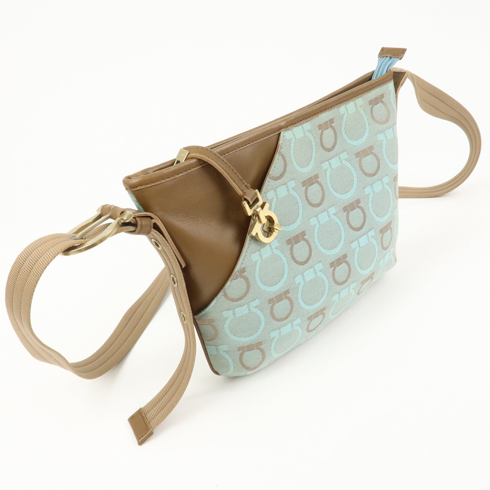 Ferragamo Gancini Logo Canvas Leather Shoulder Bag Light Blue Brown
