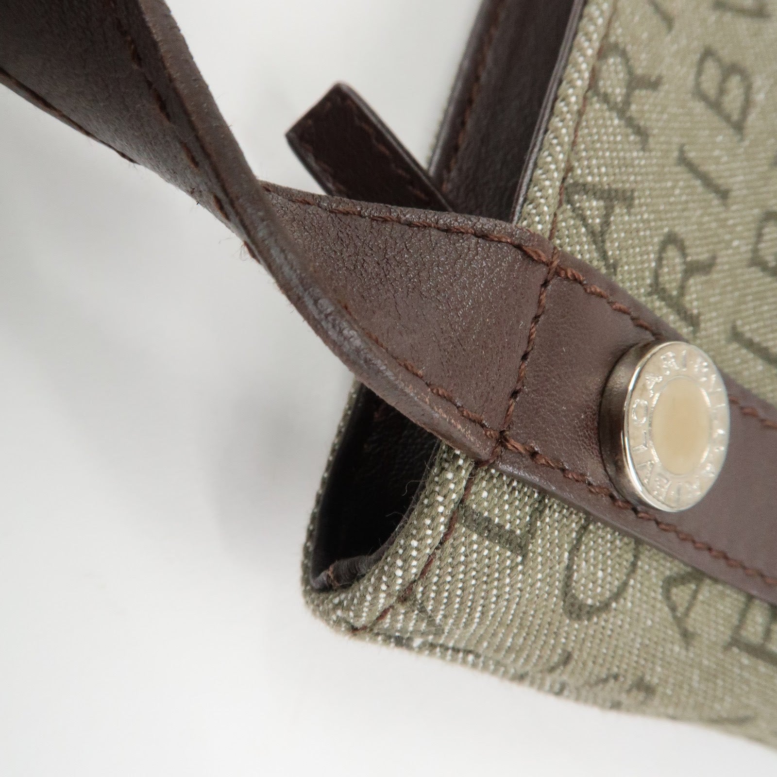 BVLGARI Logo Mania Leather Canvas Shoulder Bag Khaki Dark Brown Used